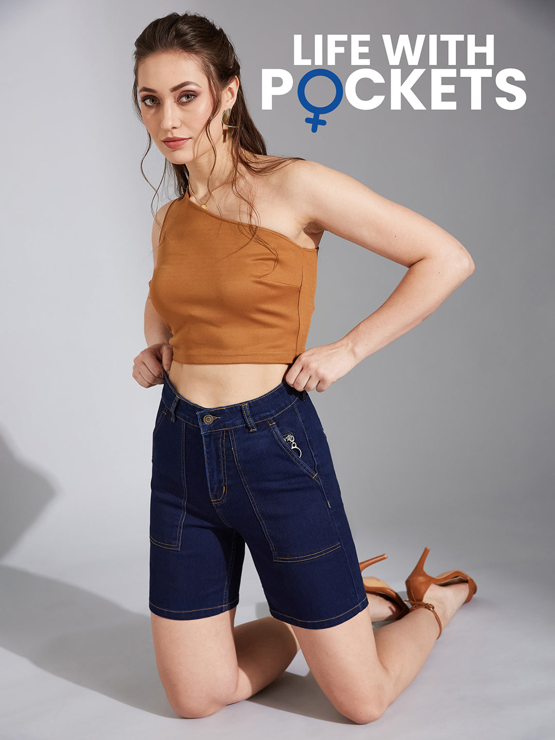 Women's Navy Blue Regular High-Rise Clean-Look Above-Knee Stretchable Denim Shorts