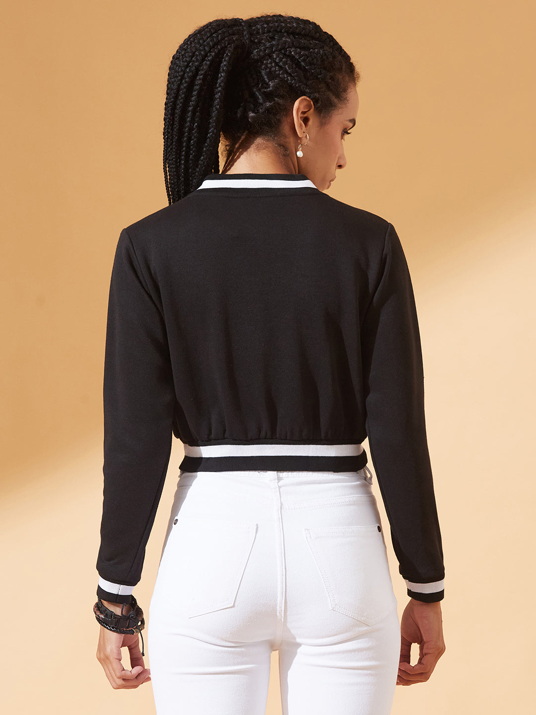 Black V-Neck Full Sleeves Loopknit, Rib Solid Bomber Cropped Jacket for Women