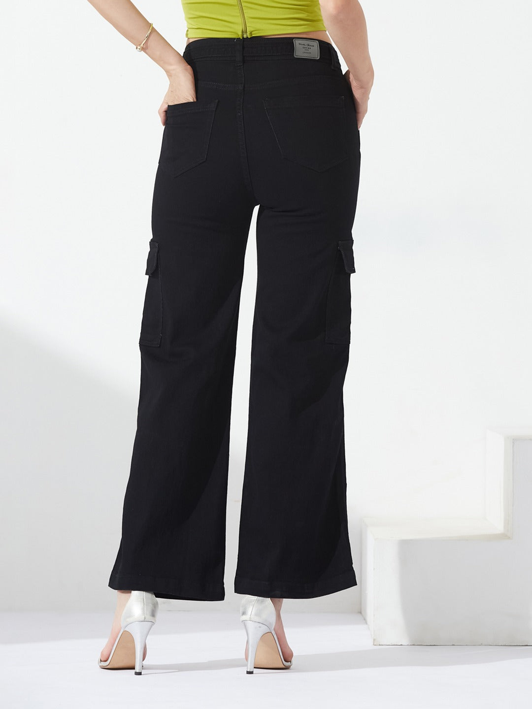 Black Wide leg high-rise Regular Stretchable Denim Jeans for Women