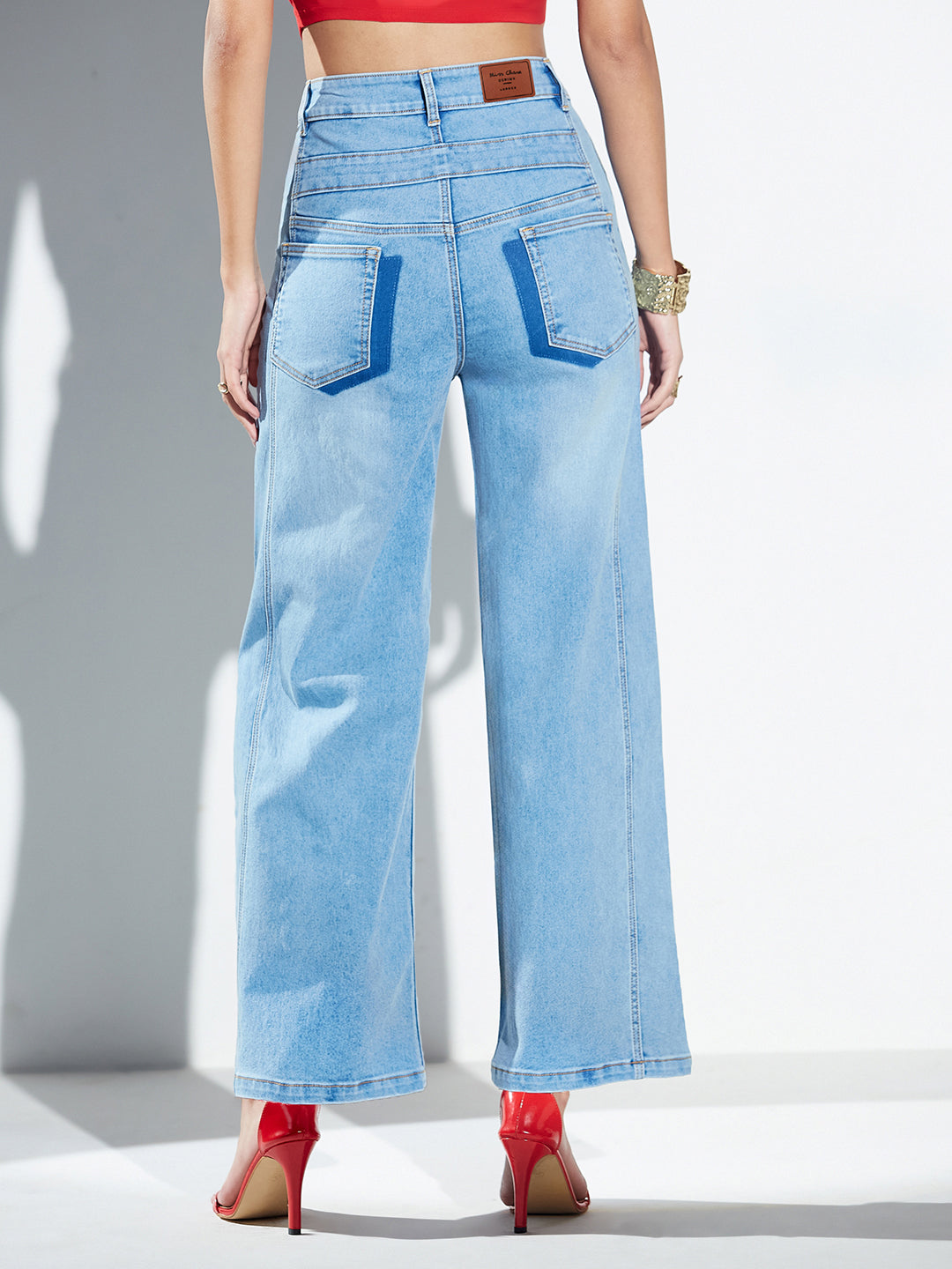 Blue High-Rise Wide Leg Panelled Denim Jeans for Women