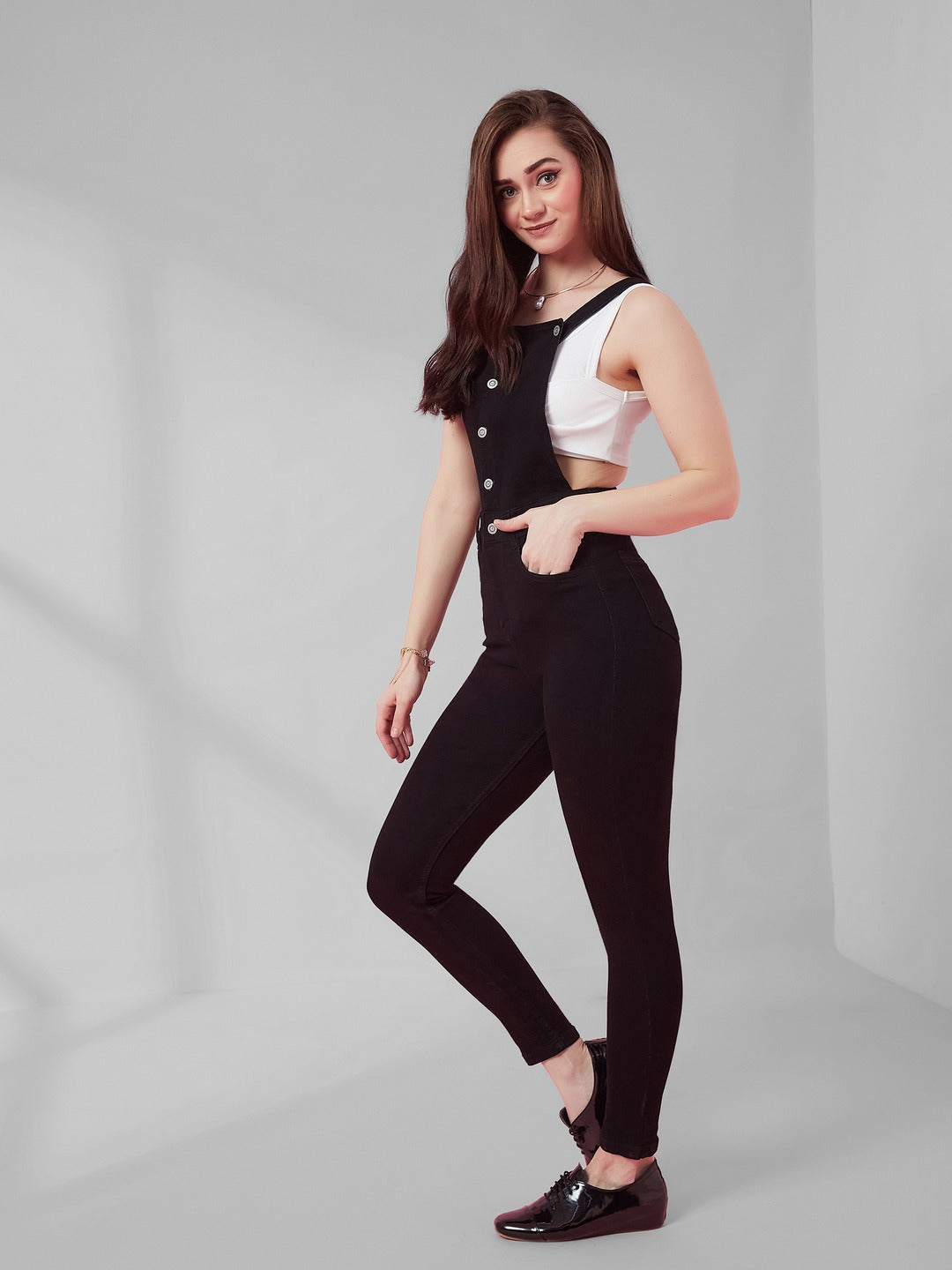 Black Skinny high-rise Regular Stretchable Denim Dungaree for Women