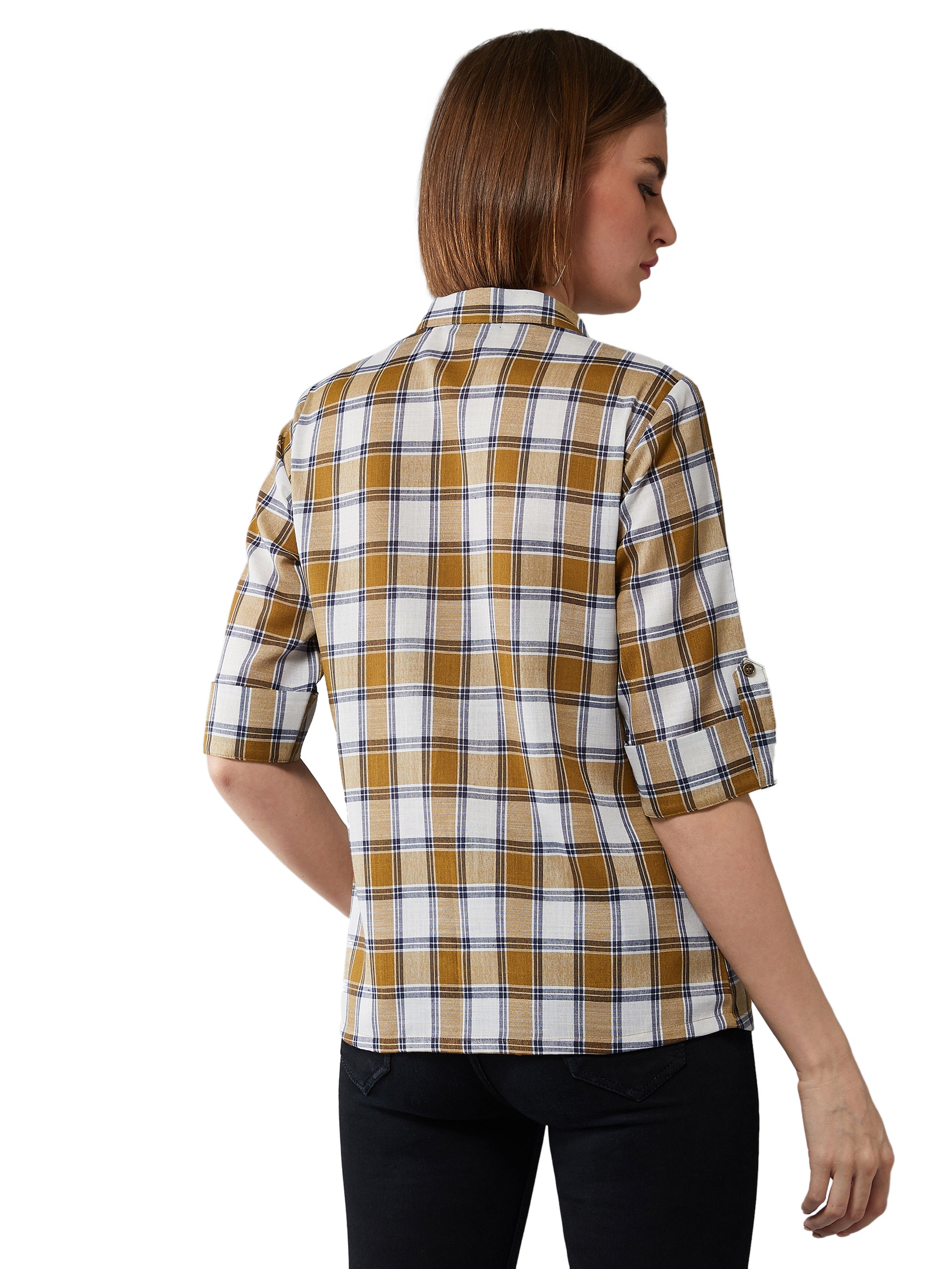 Women's Multicolor-Base White Collared Neck 3/4 Sleeves Checkered Basic Shirt