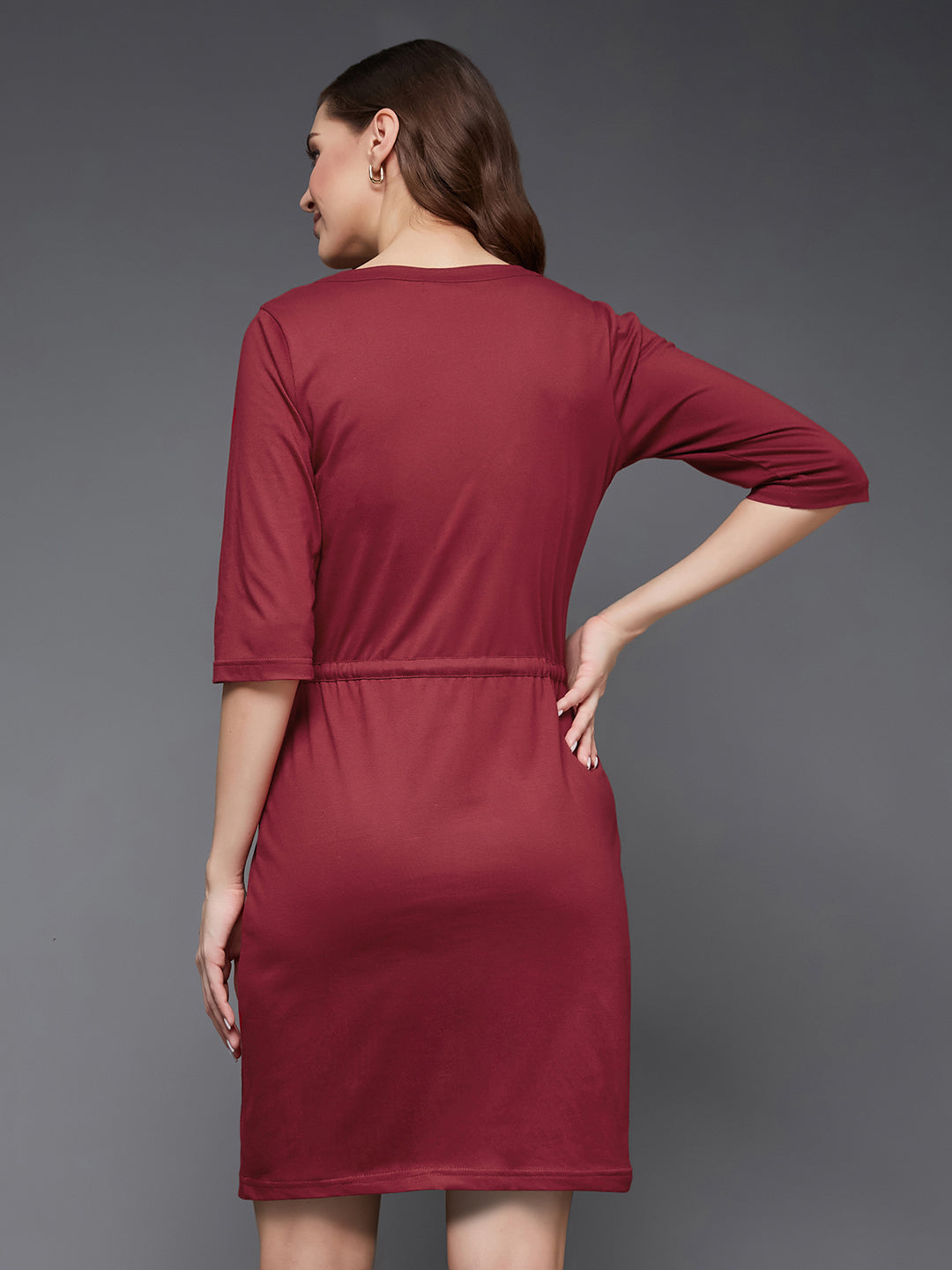 Women's Maroon Round Neck 3/4 Sleeves Cotton Solid Mini Shift Dress