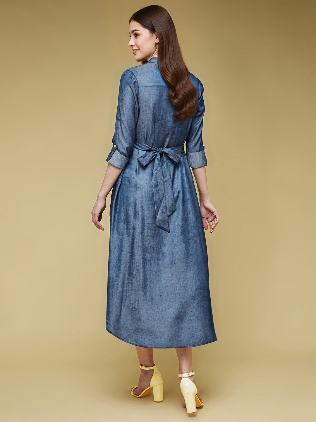 Blue Shirt Collar 3/4 Sleeve Solid Midi Polyester Shirt Dress for Women