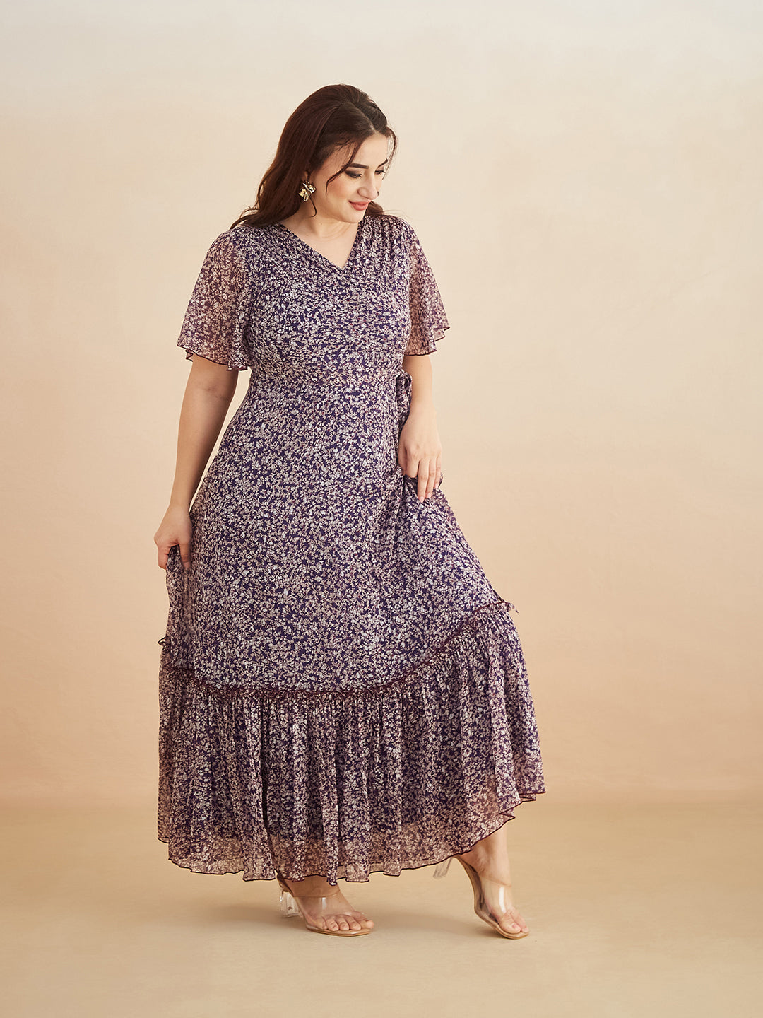 Multicolored-Base-Purple V Neck Flared Sleeve Floral Wrap Chiffon Maxi Dress for Women — Miss Chase A+