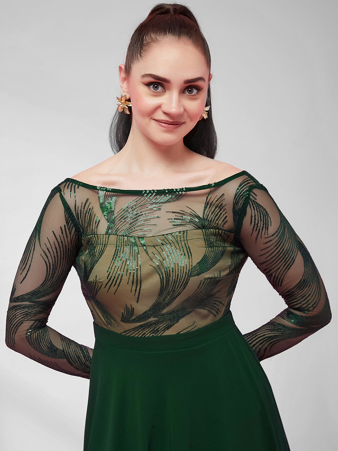 Green & Beige Solid Embellished Maxi Dress for Women