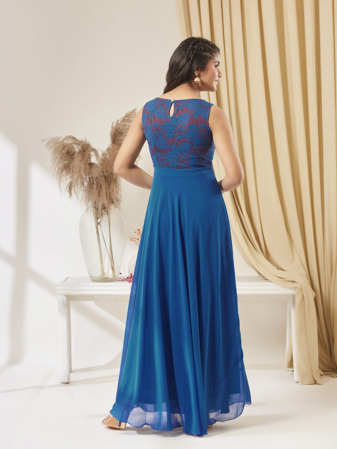 Royal Blue Round Neck Sleeveless Georgette Floral Lace Fit & Flare Maxi Dress for Girls/Teenagers