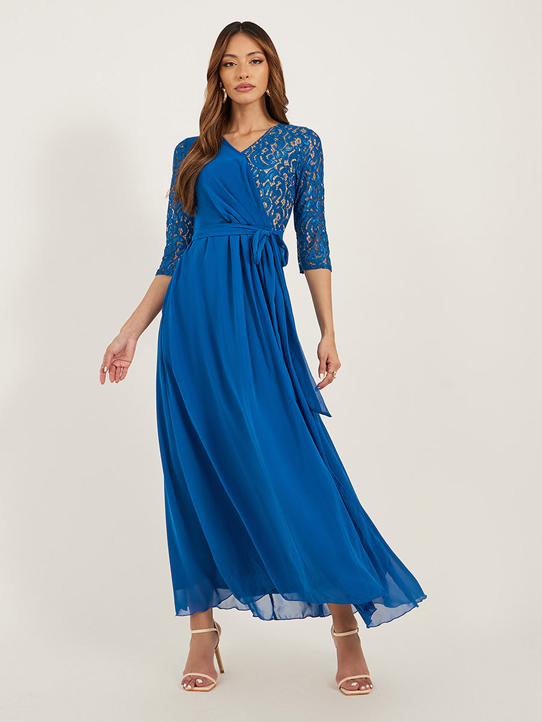 Women's Royal Blue V-Neck 3/4 Sleeve Self-Designed Wrap-Styled Georgette Maxi Dress