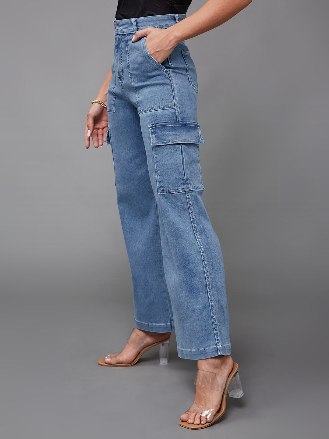 24/7 Comfort Women's Mid Blue Wide Leg High Rise Stretchable Denim Jeans