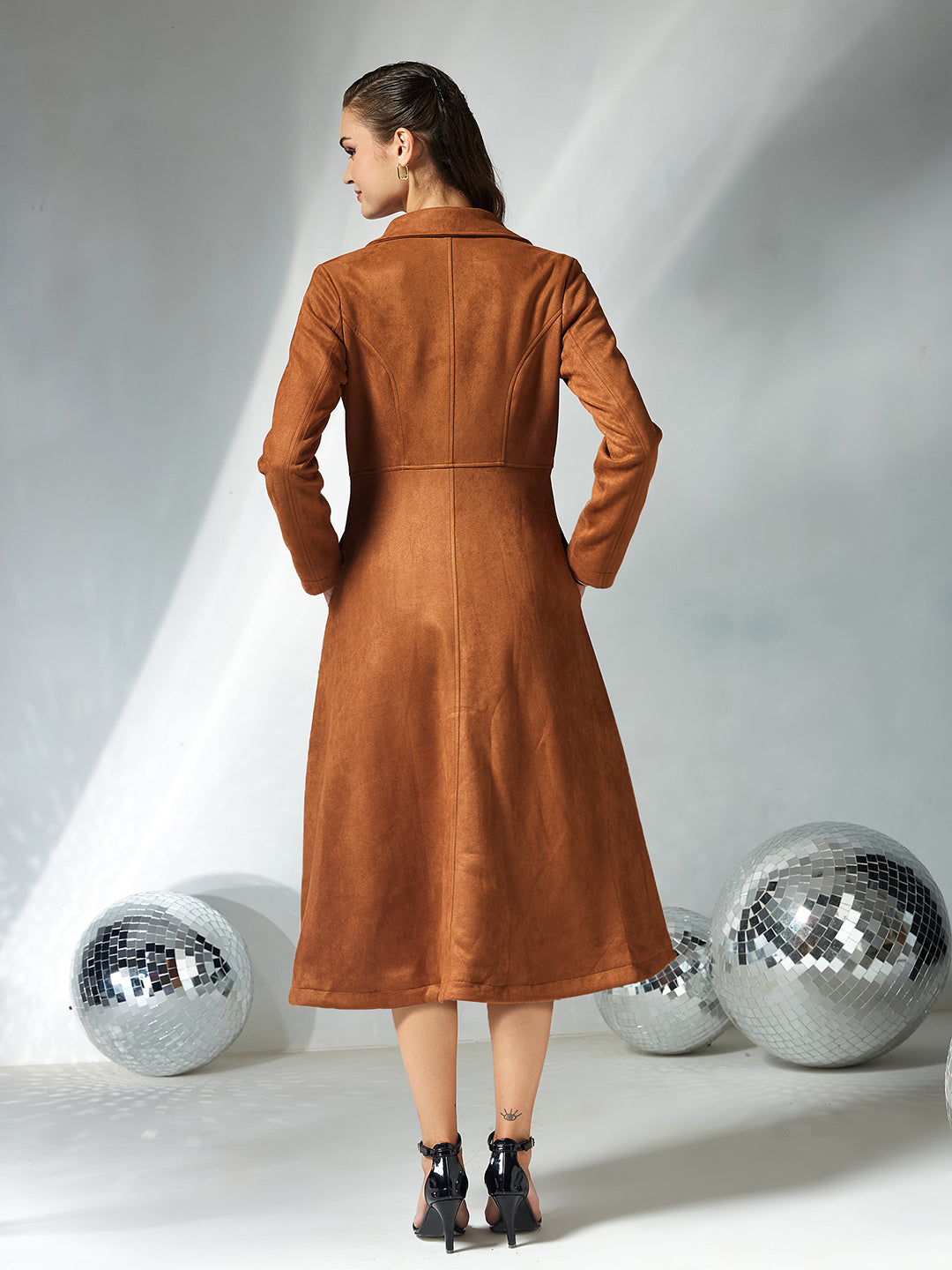 Women's Brown Solid V-Neck Full Sleeves Side Pocketed Polyester Double Breasted Longline Jacket