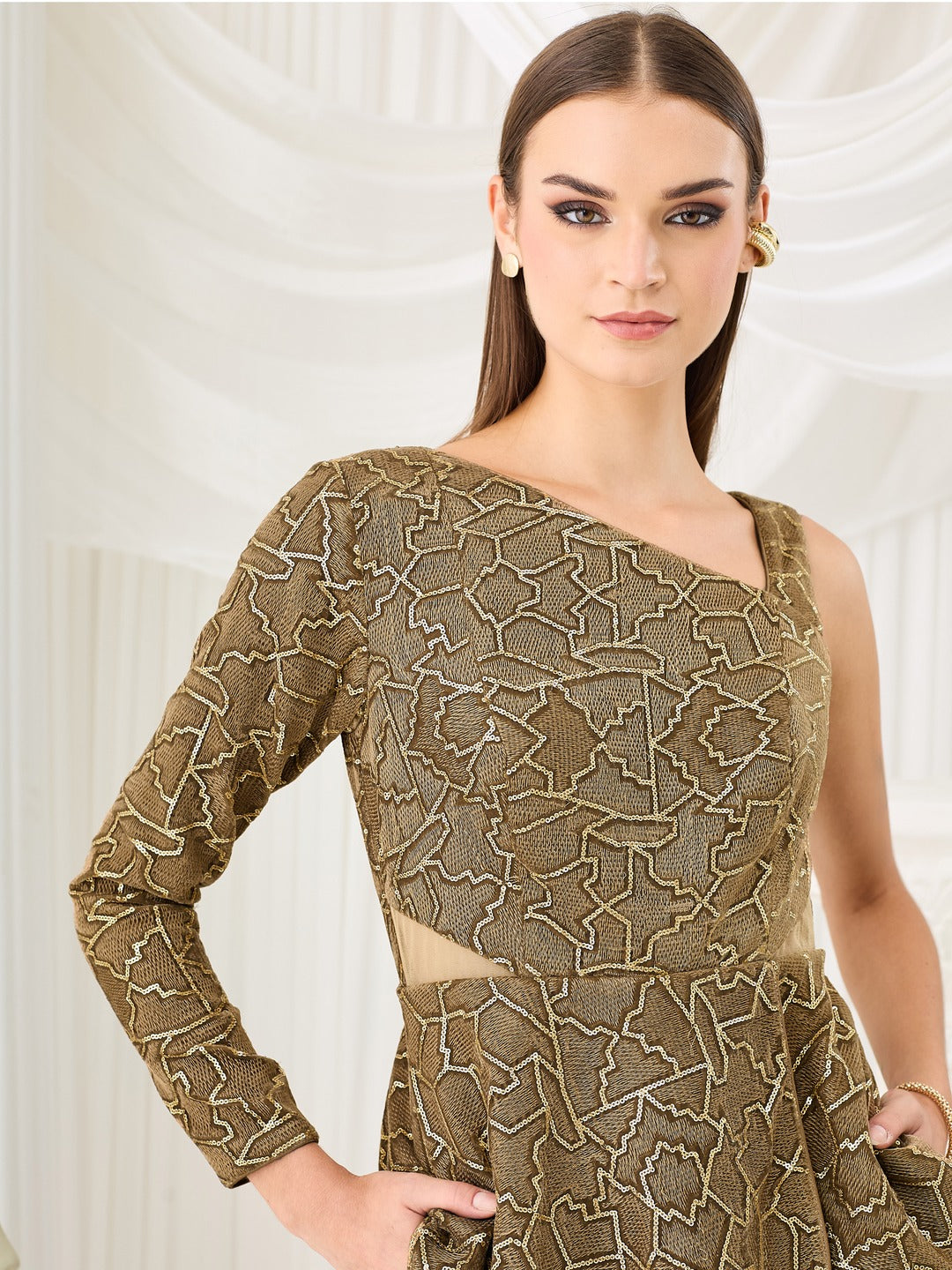Dark Beige Asymmetric Geometric Peplum Regular Satin Jumpsuit for Women