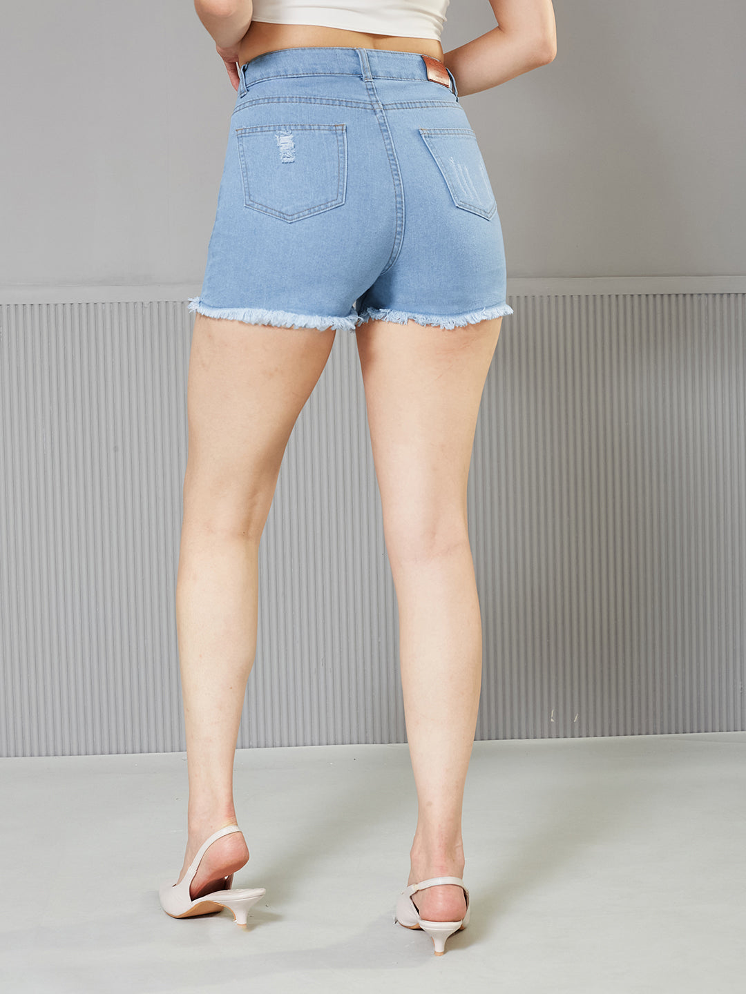 Blue Relaxed Mid-Rise High Distress Regular Non Stretchable Denim Shorts for Women