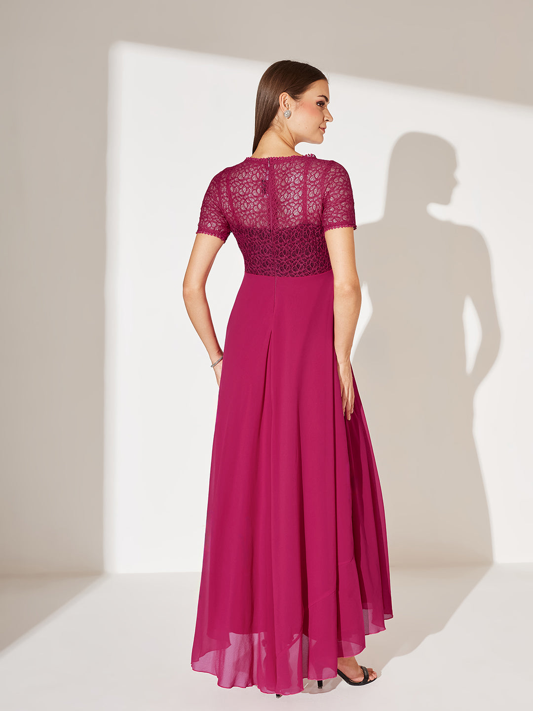 Dark Pink Round neck Half Sleeve Solid Lace Overlaid Maxi Dress for Women