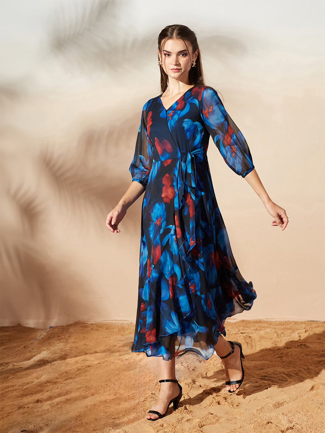 Women’s Multicolored Black Floral V-Neck 3/4 Sleeve Wrap Chiffon Midi Dress for Women