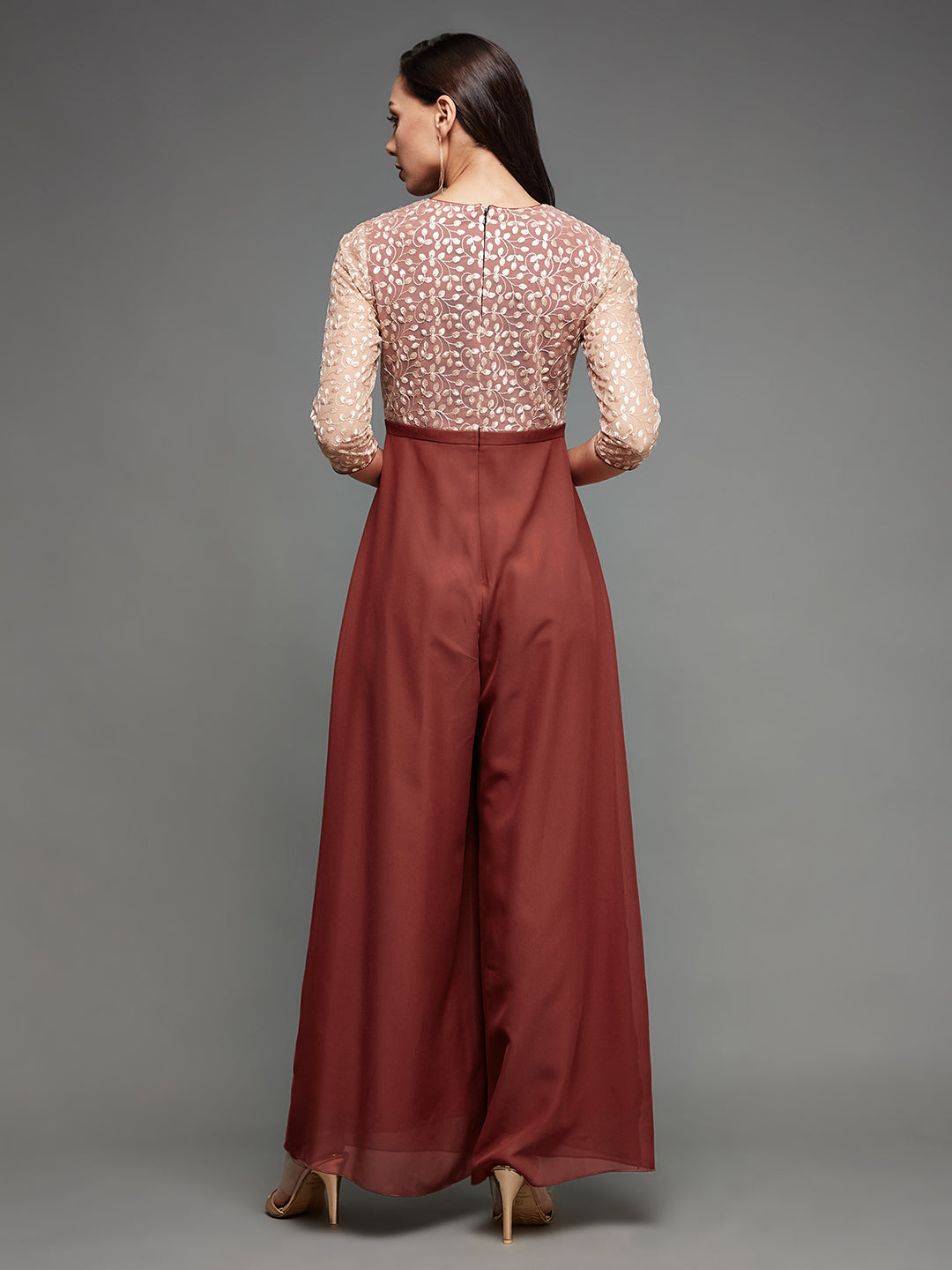 Women's Brick Red & Peach Embroidered Sweet-Heart Neck Raglan Sleeves Side Pocketed Georgette Pleated Regular-Length Jumpsuit