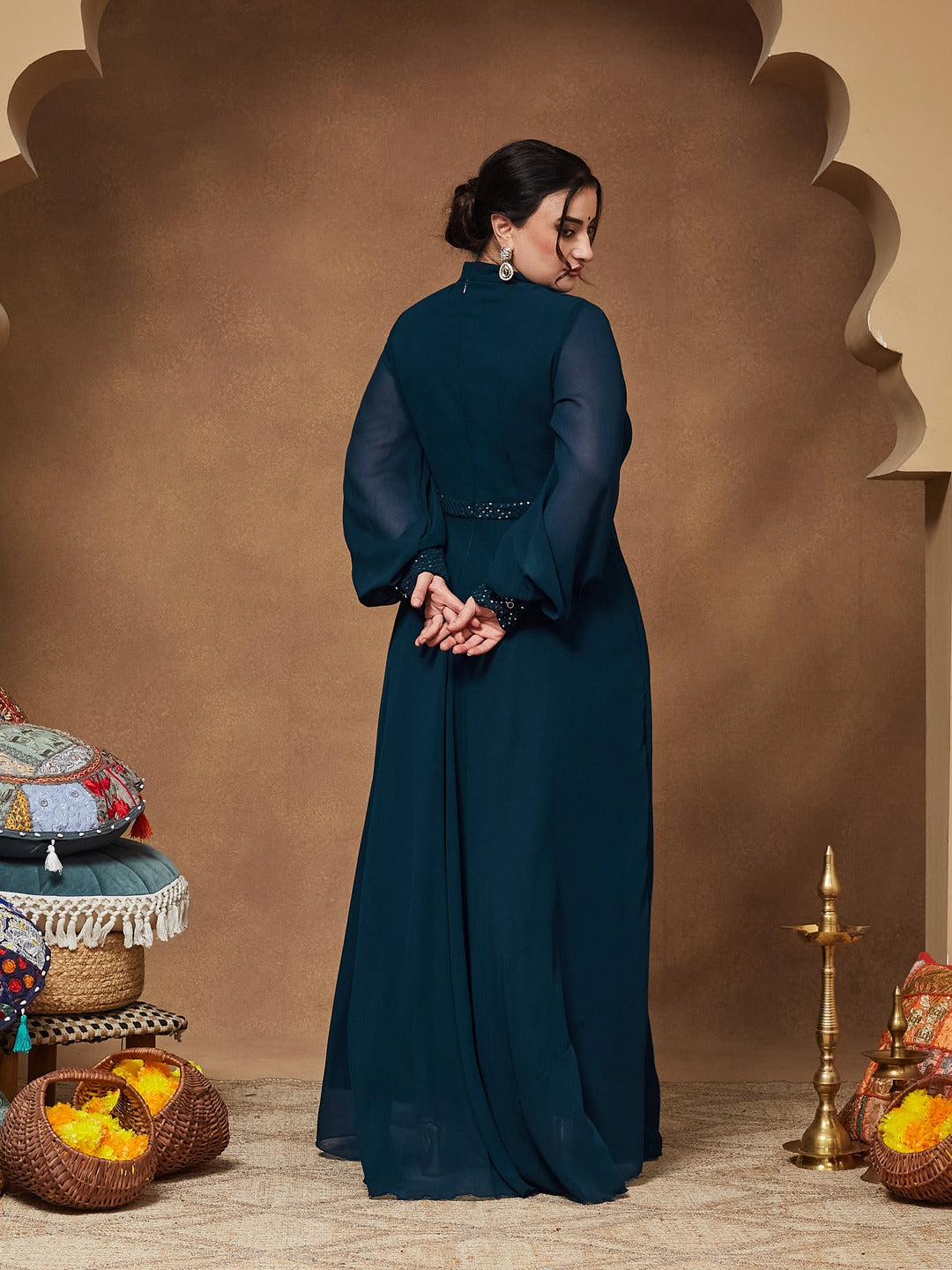 Teal Mandarin-Collar Bishop Sleeve Embellished Panelled Georgette Maxi Dress for Women — Miss Chase A+