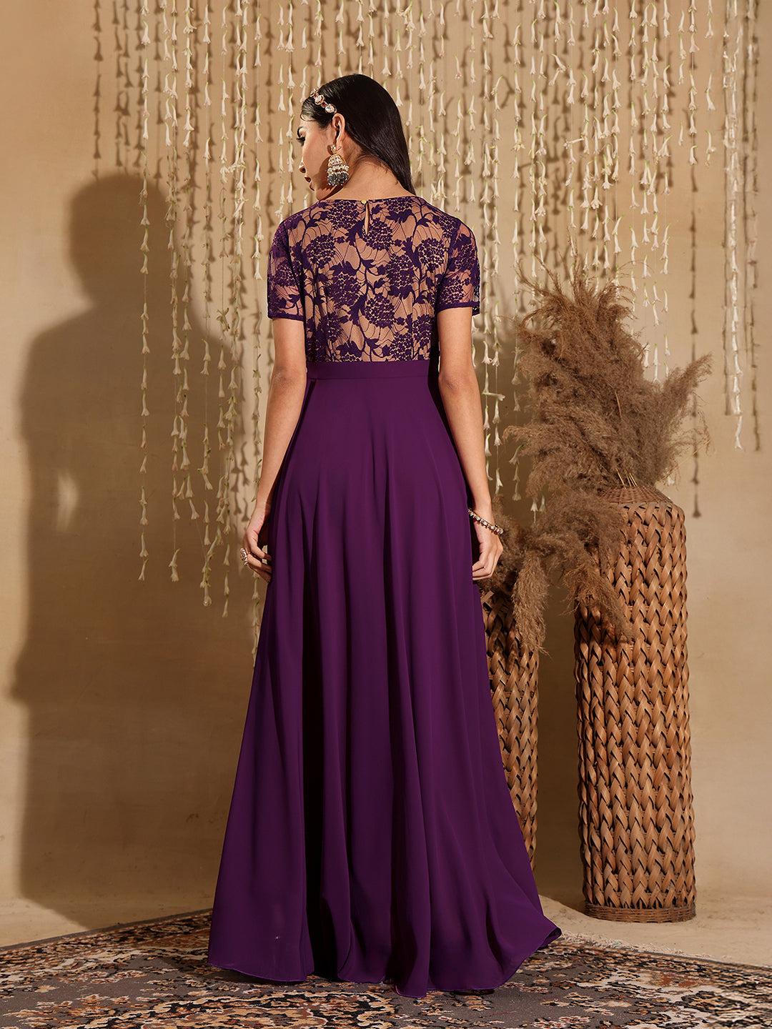 Women's Dark Purple Round Neck Half Sleeve Self Design Fit & Flare Georgette Maxi Dress