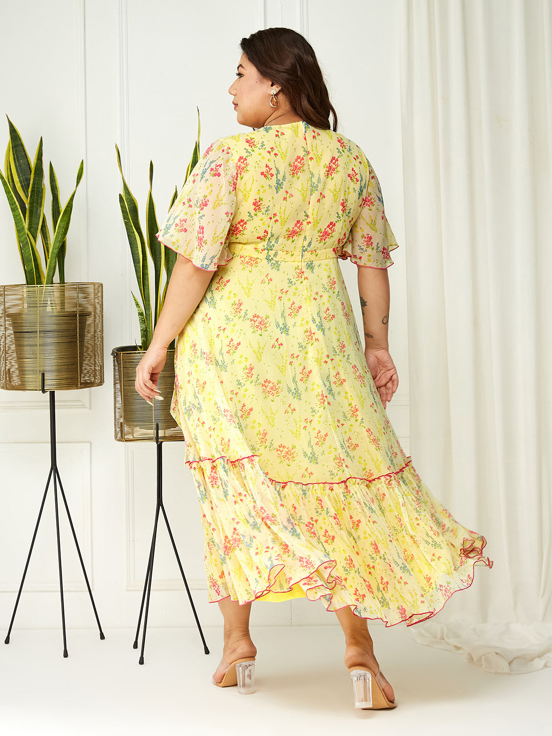 Women's Multicolored-Base-Yellow V Neck Flared Sleeve Floral Wrap Maxi Dress