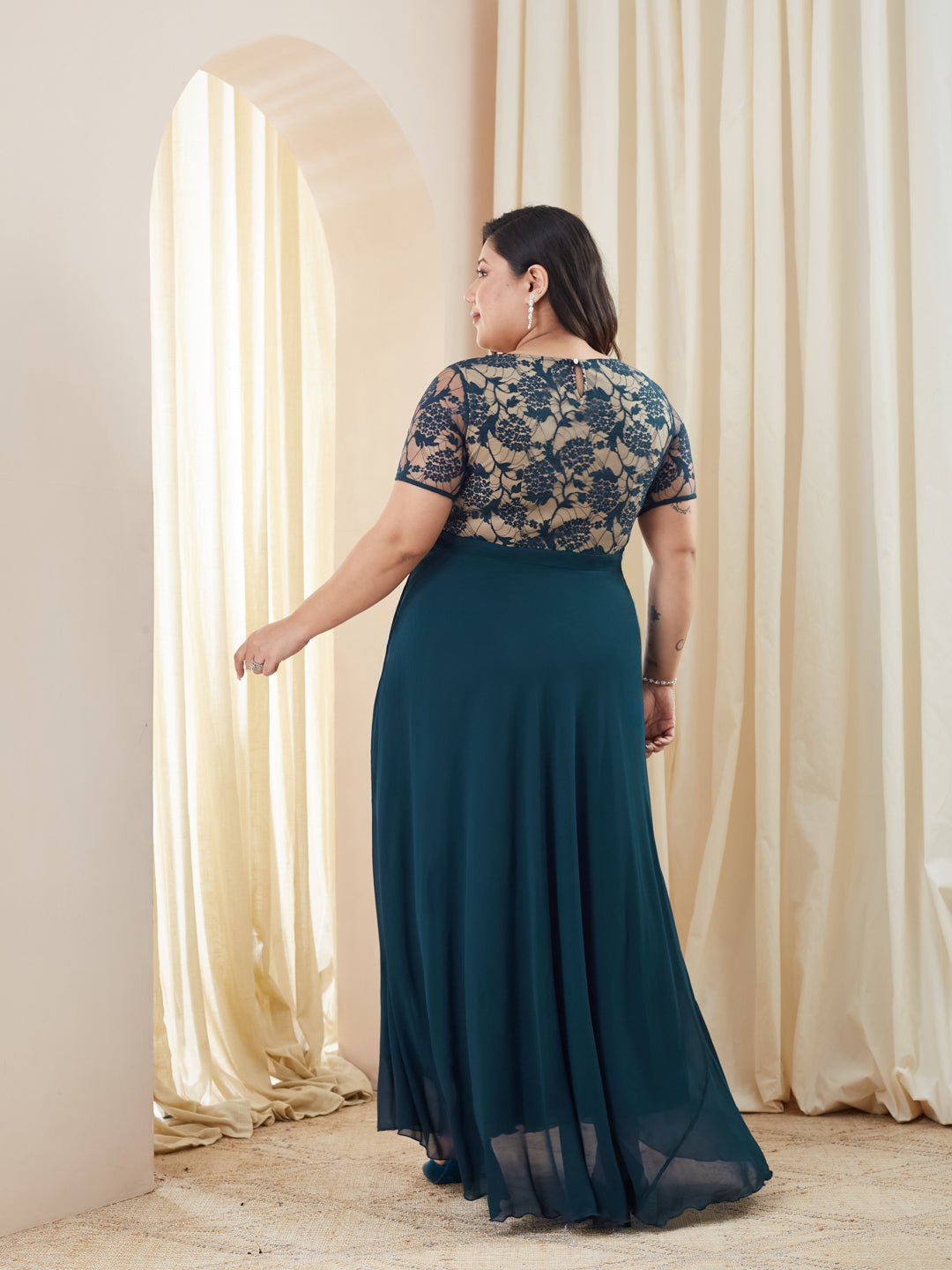 Teal Round Neck Half Sleeve Self Design Fit & Flare Georgette Maxi Dress for Women