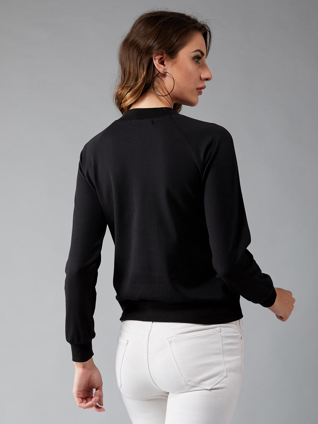 Women's Black Round Neck Full Sleeves Solid Boxy Regular Length Sweatshirt