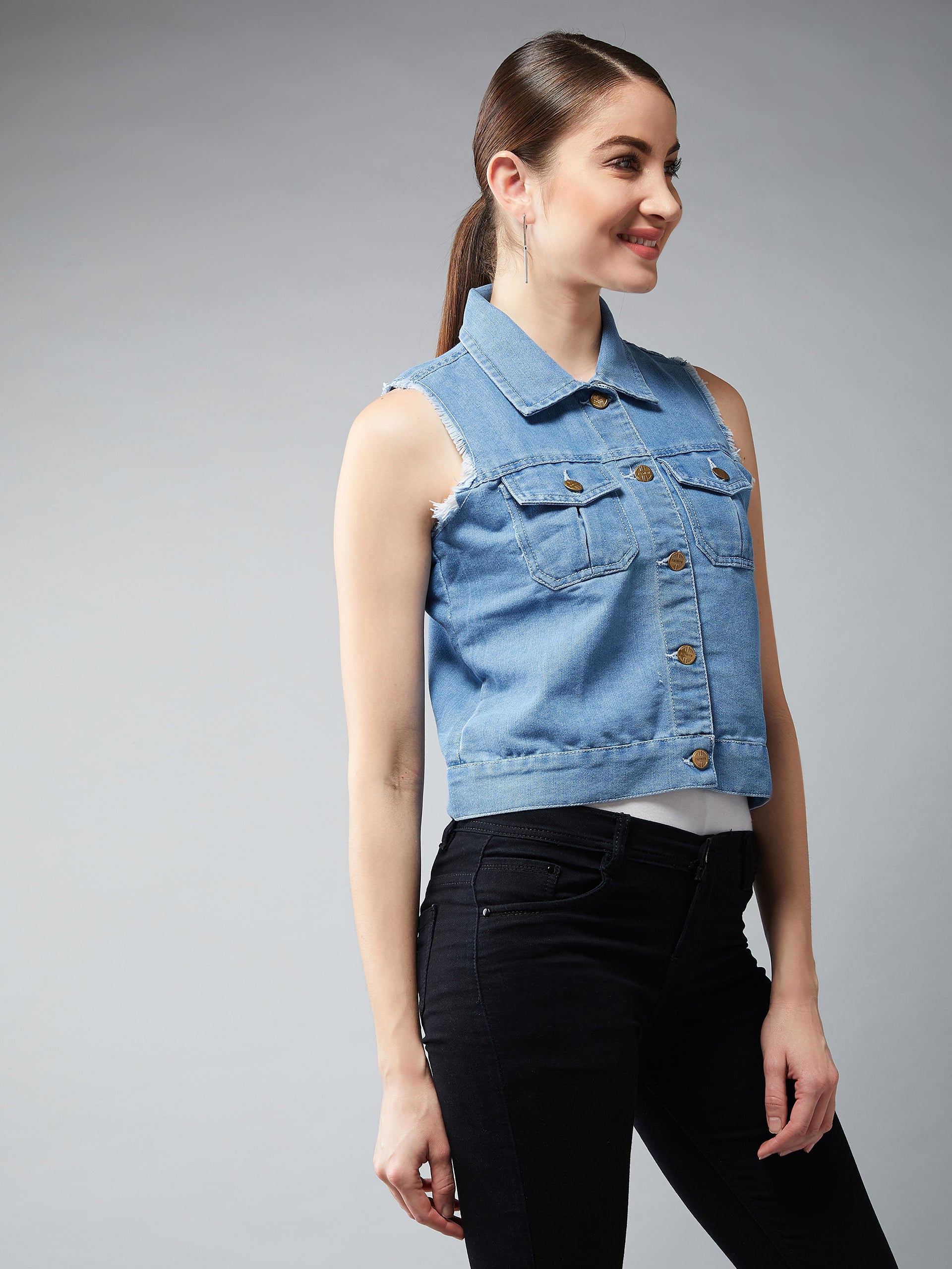 Women's Light Blue Polo Neck Sleeveless Denim Solid Buttoned Ice Wash Raw Edge Detailing Crop Denim Jacket