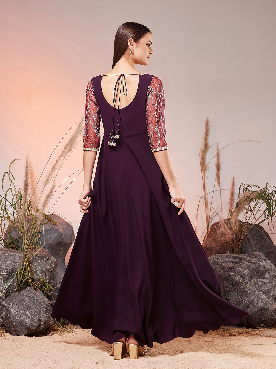 Dark Purple Round Neck 3/4 Sleeve Embellished Embellished Maxi Georgette Ethnic Dress for Women — Miss Chase