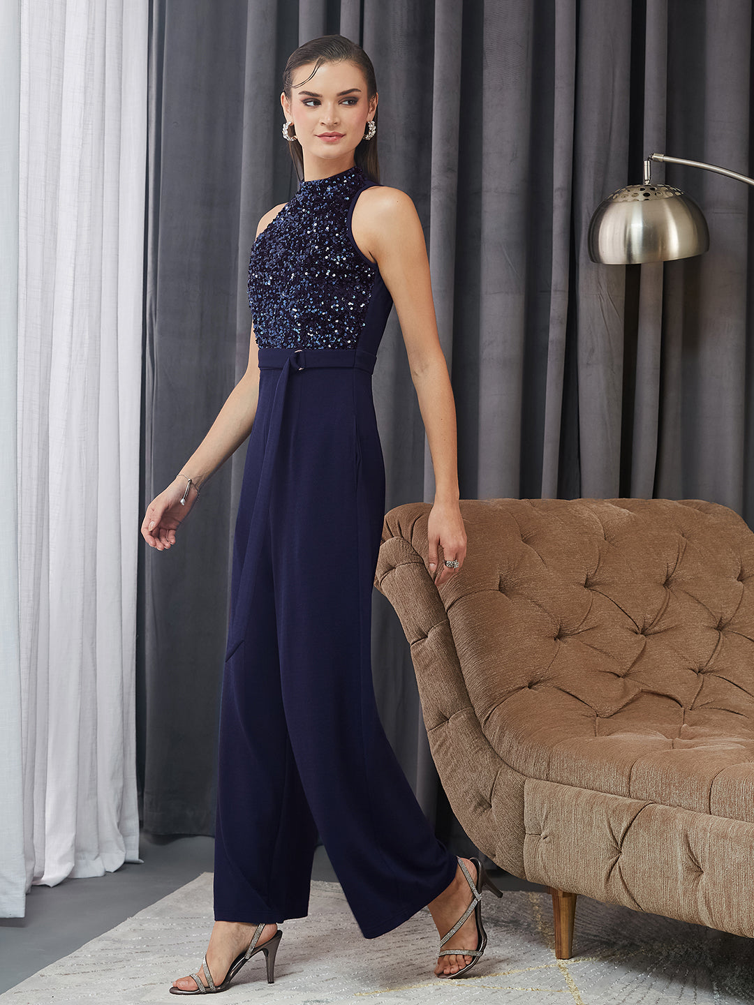 Women's Navy Blue Halter Neck Sleeveless Embellished Regular-Length Jumpsuit