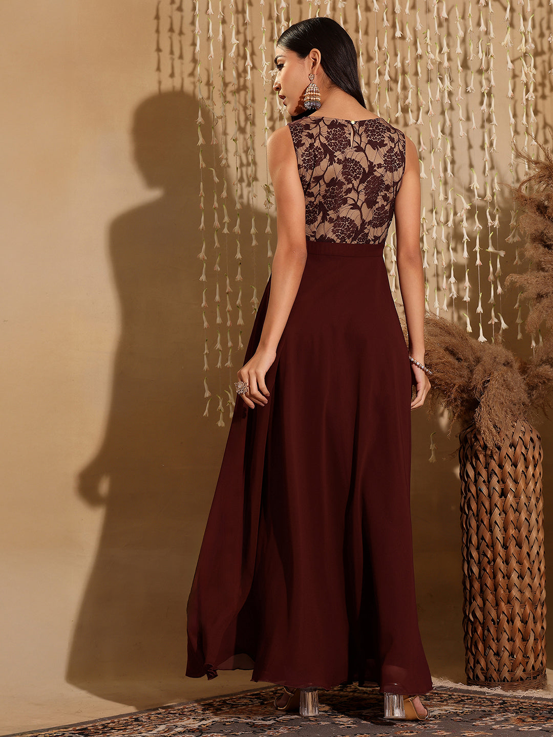 Women's Beige & Wine Round Neck Sleeveless Georgette Floral Lace Fit & Flare Maxi Dress