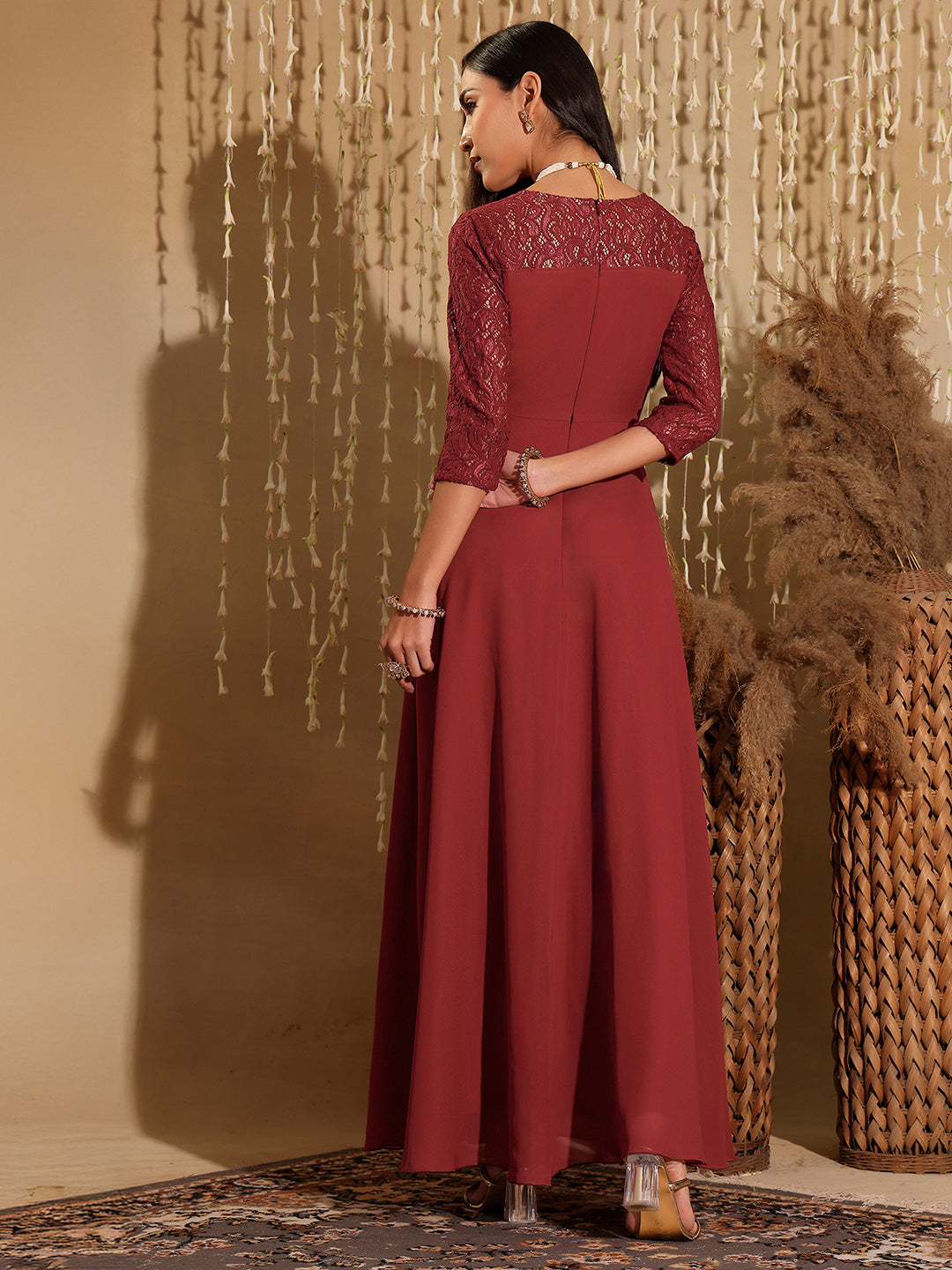 Women's Brick Red V-Neck 3/4 Sleeve Self-Designed Wrap Styled Georgette Maxi Dress