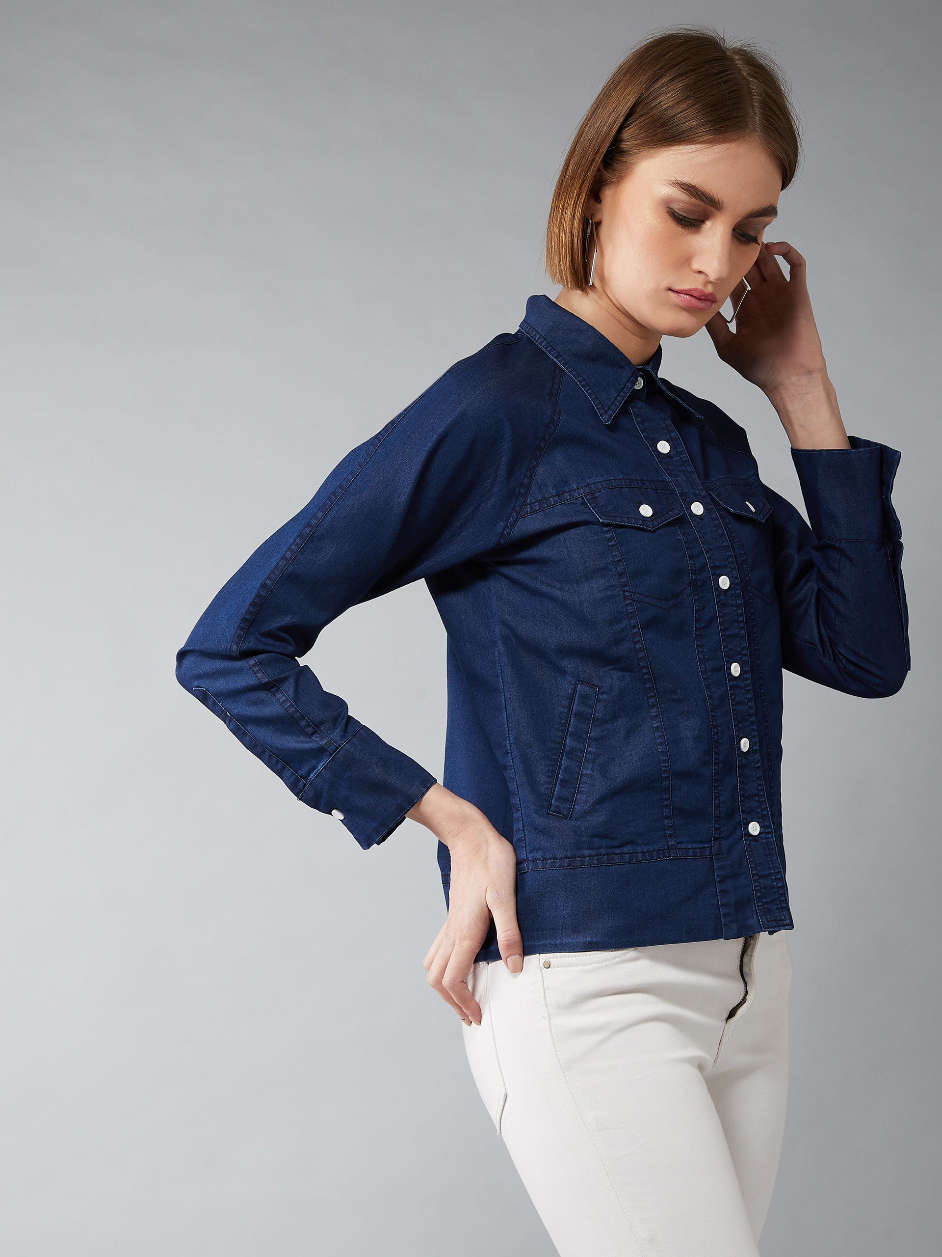 Women's Navy Polo Neck Full Sleeves Flap Detailing Denim Solid Regular Length Bomber Jacket