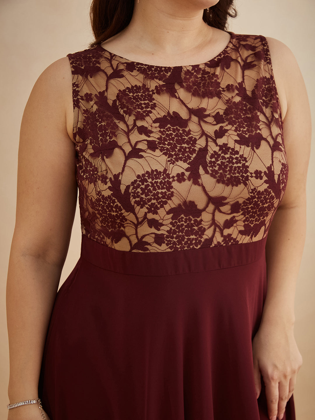 Beige & Wine Round Neck Sleeveless Georgette Floral Lace Fit & Flare Maxi Dress for Women — Miss Chase A+
