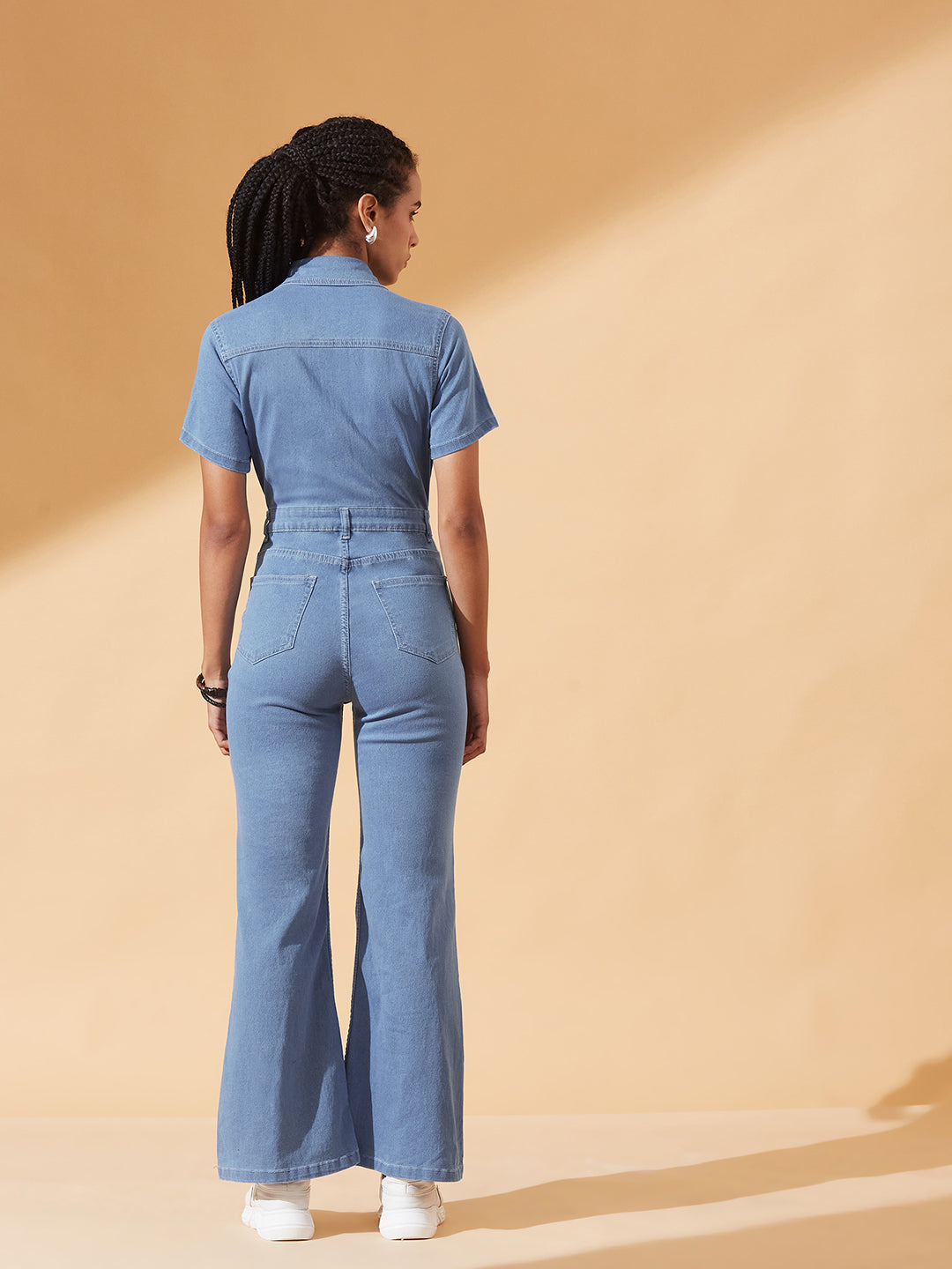 Light-Blue Flared High-Rise Stretchable Denim Jumpsuit for Women
