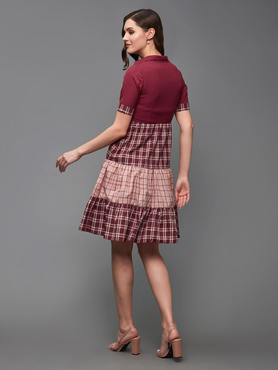 Women's Multicolored-Base-Maroon Checkered Shirt Collar Cuffed Sleeves Polyester Tiered Above-Knee Dress