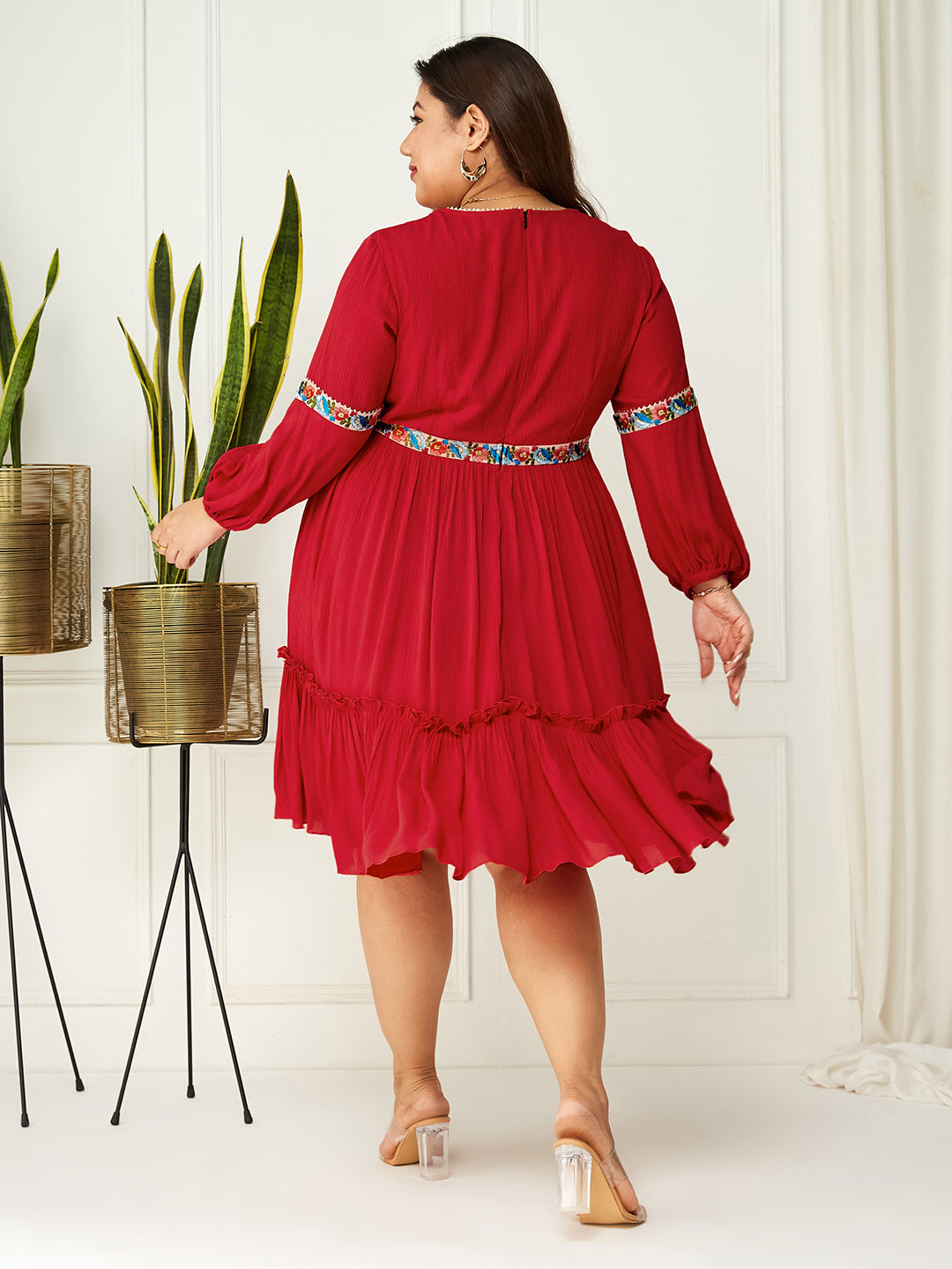 Women's Red Square Neck Bishop Sleeve Viscose Rayon Solid Gathered Midi Dress