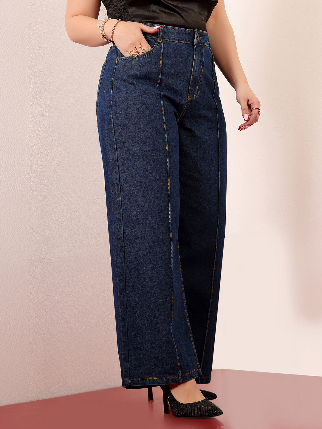 Women's Navy Blue Wide-Leg High-Rise Clean-Look Regular-Length Non-stretchable Denim Jeans