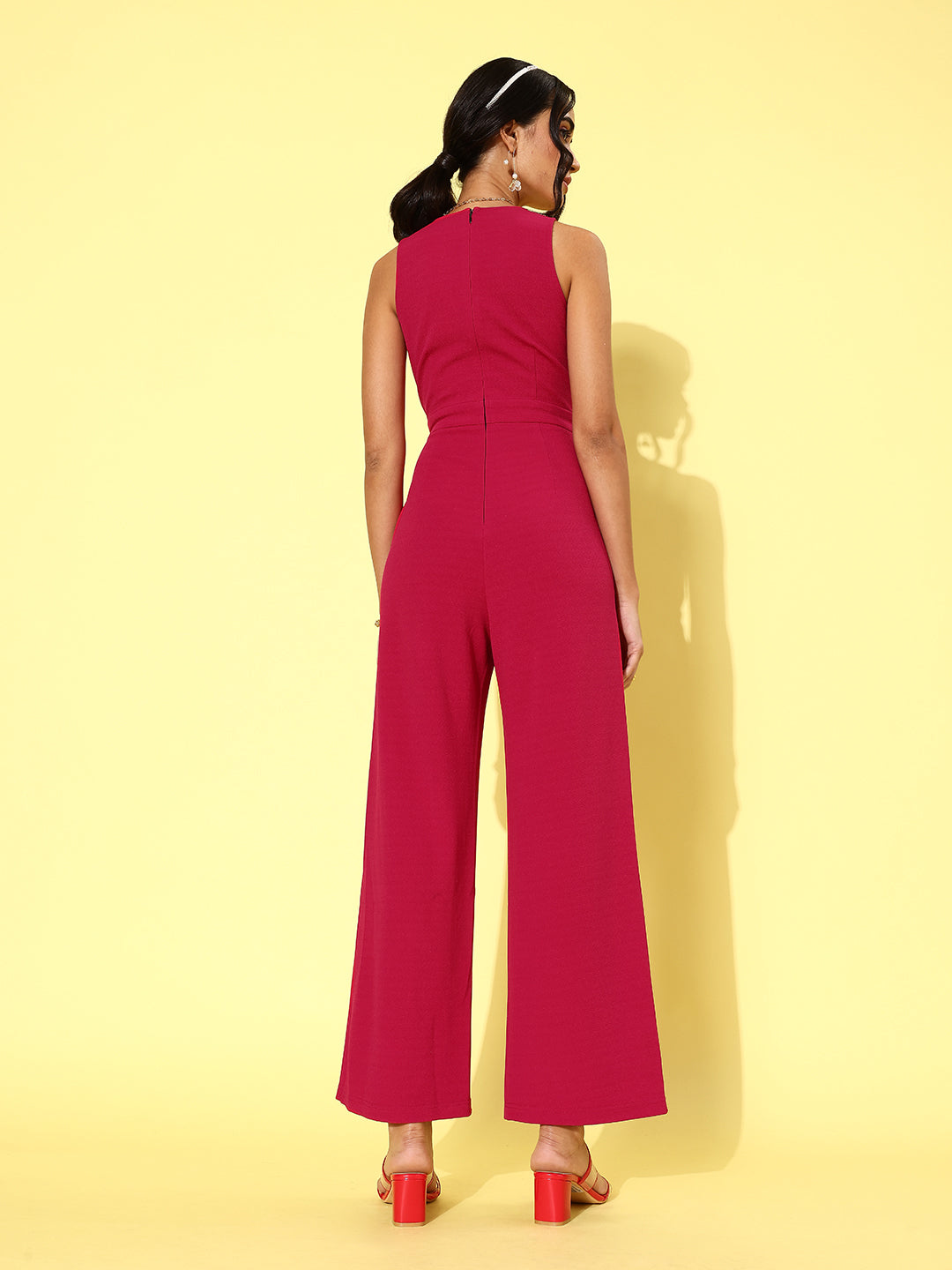 Crease Ease Women's Dark Pink V-Neck Sleeveless Solid Embellished Regular Jumpsuit