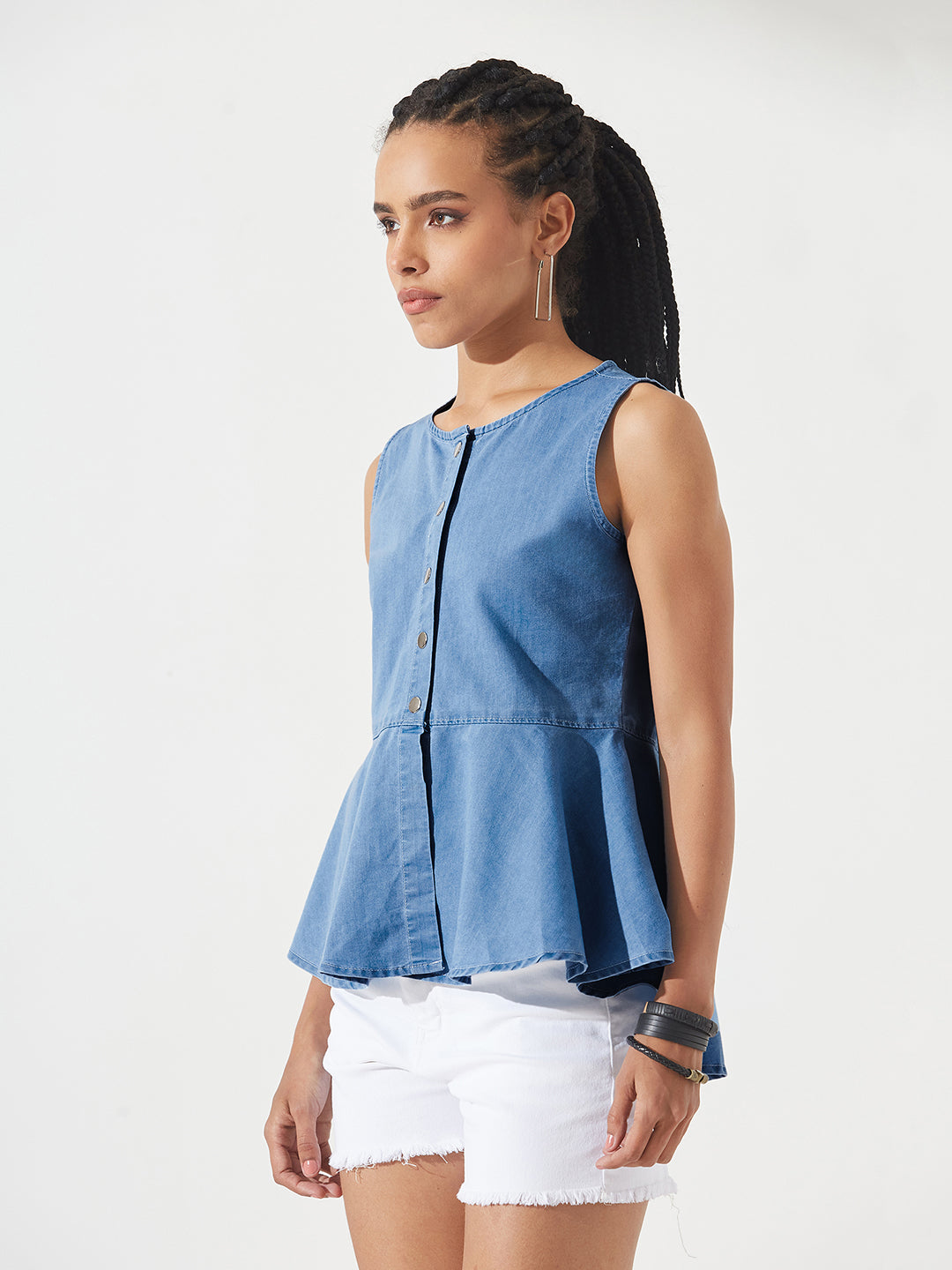 Blue Round Neck Sleeveless Denim Front Open Solid Hooded Peplum Top for Women