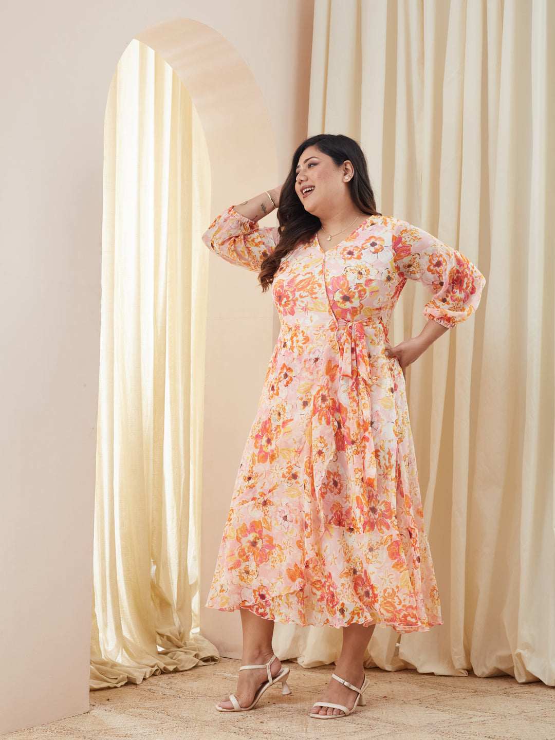 Pink & Orange V-Neck Bishop Floral Layered Chiffon Maxi Dress for Women