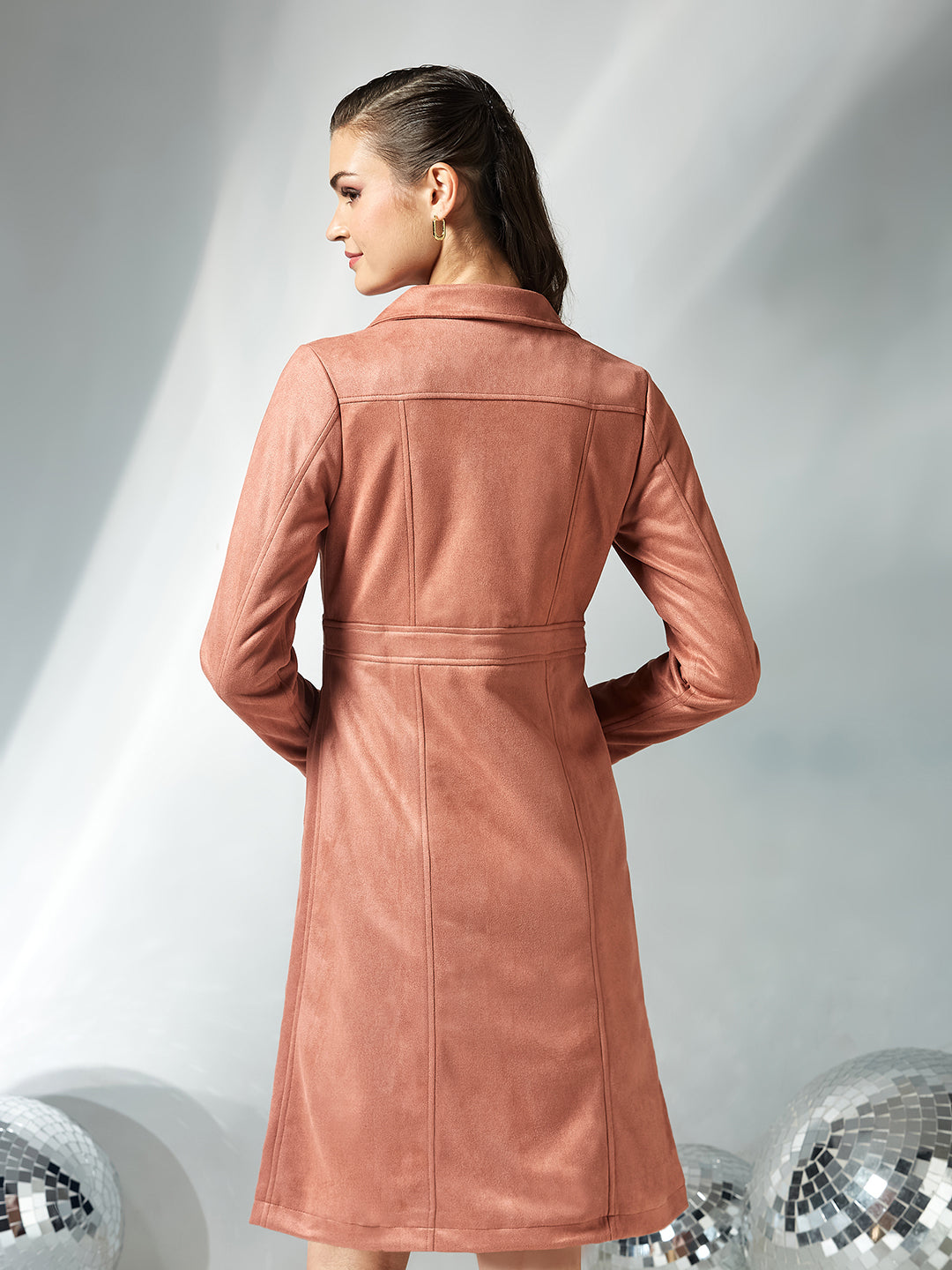 Women's Dusty Peach Shirt-Collar Full Sleeves Solid Button-down Longline Polyester Jacket