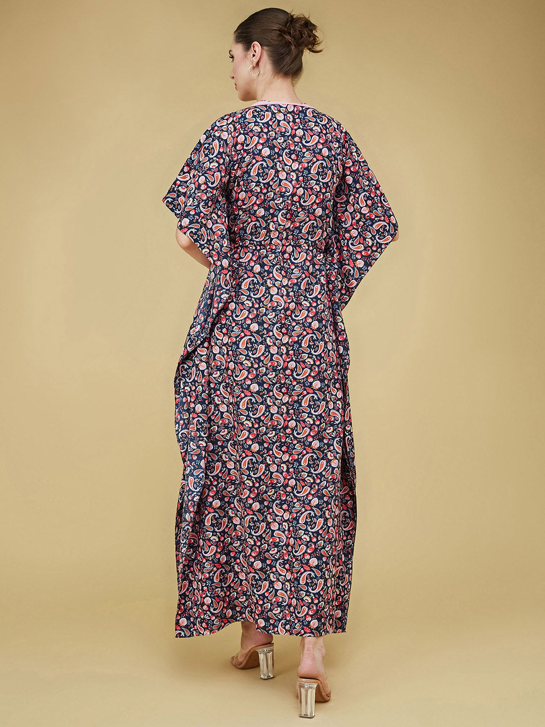 Women's Navy Blue and Pink V Neck 3/4 Sleeve Printed Front Placket Maxi Kaftan Dress