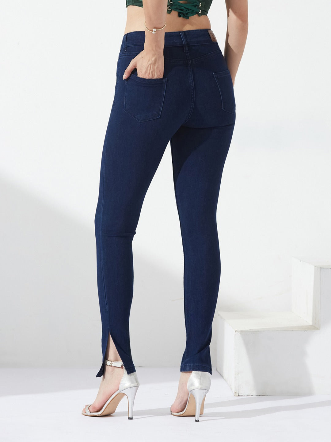 Navy Blue Skinny Fit Mid Rise Cropped Length Side Slit Denim Stretchable Jeans for Women