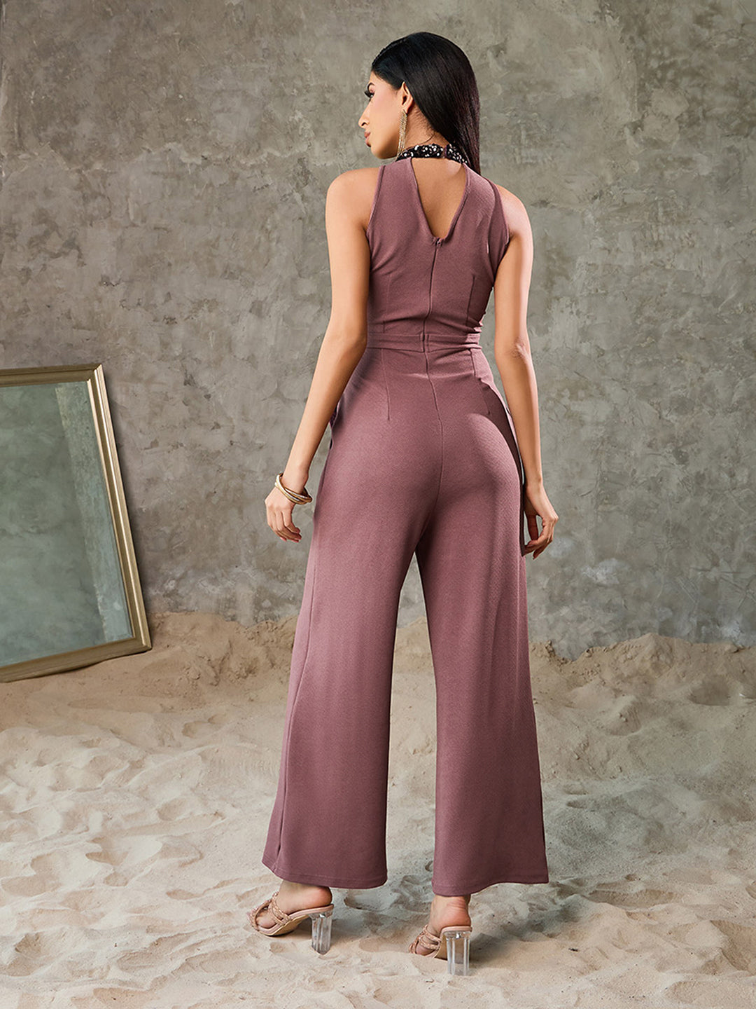 Women's Mauve Sleeveless Embellished Halter-Neck Regular Jumpsuit