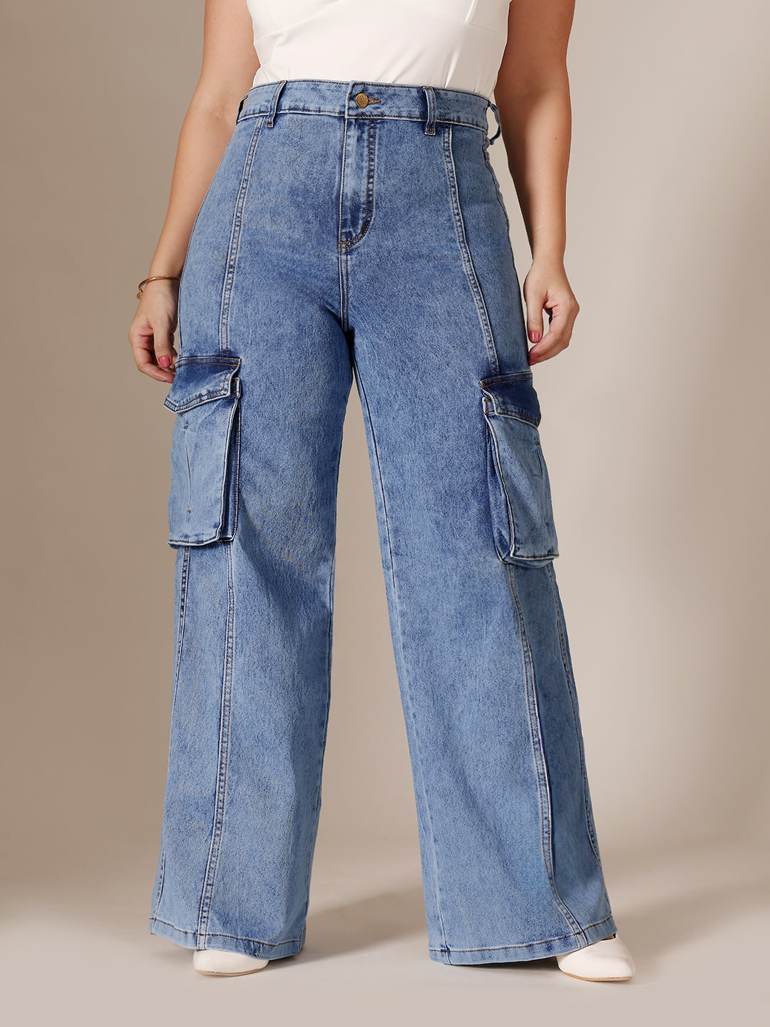 Blue Wide-Leg High-Rise Clean-Look Regular-Length Stretchable Patch-Pocketed Denim Jeans for Women