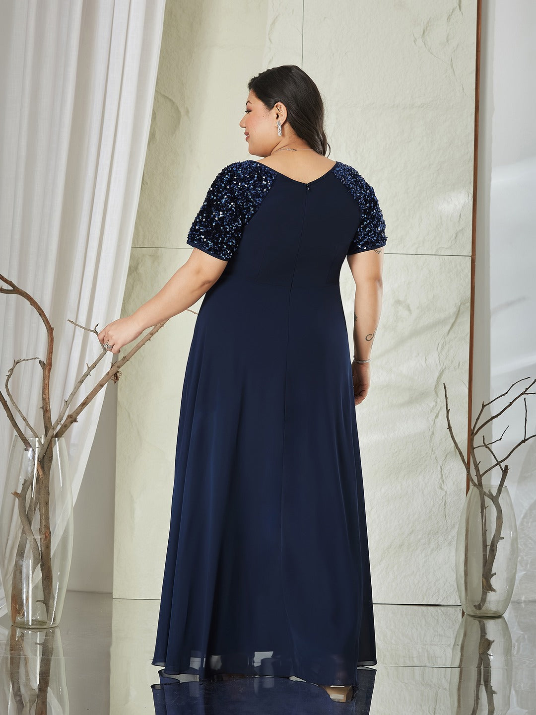 Navy Blue Relaxed Fit Maxi Georgette Dress for Women