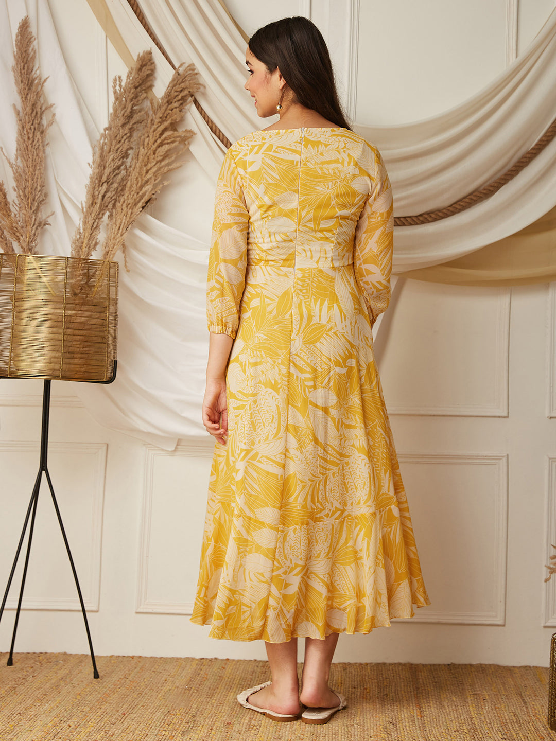 Yellow & White V neck Full sleeve Floral Layered Maxi Dress