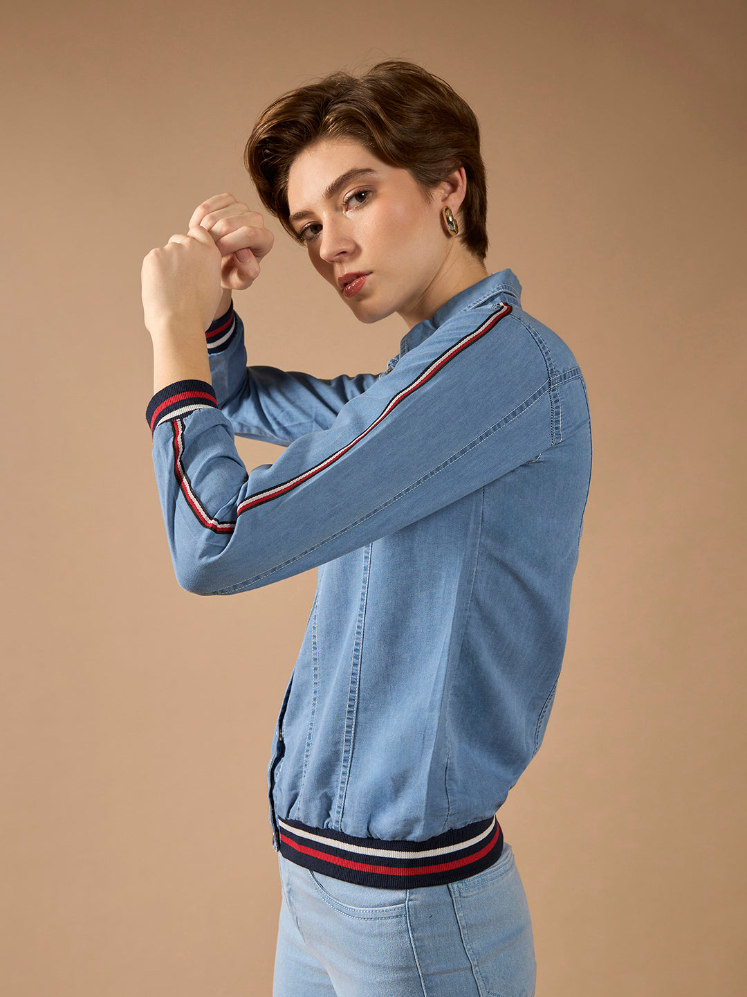 Women's Light Blue Polo Neck Full Sleeve Solid Buttoned Rib And Twill Tape Detailing Bomber Denim Jacket