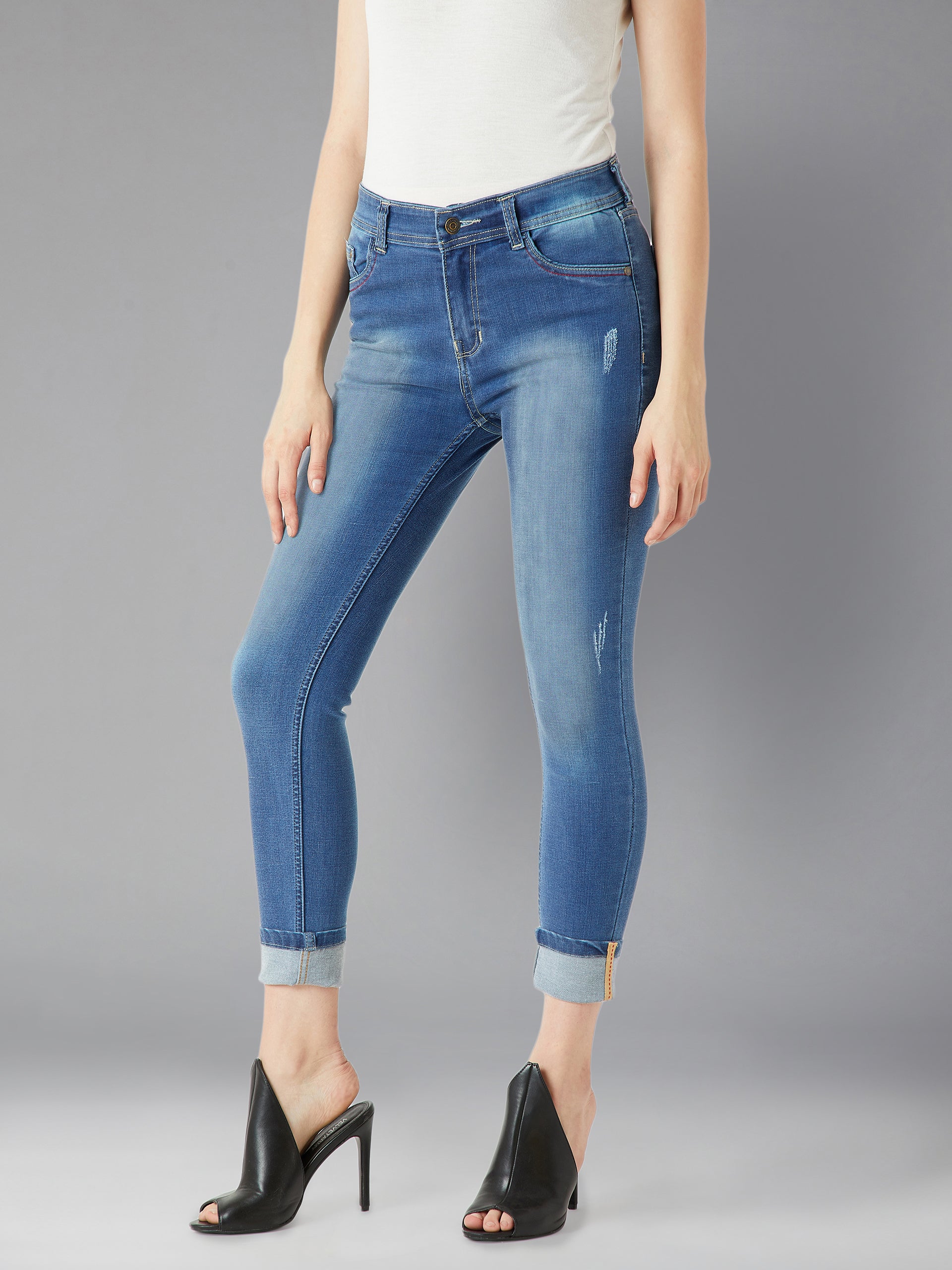 Women's Blue Skinny Fit High Rise Clean Look Regular Length Twill Tape Detailing Scraped Stretchable Denim Jeans