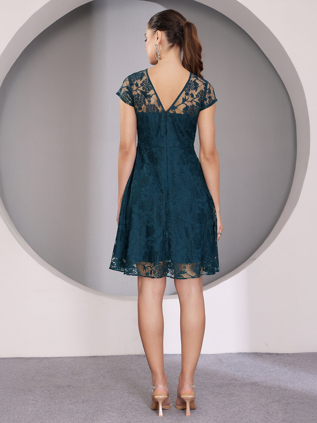 Women's Teal Round Neck Cap Sleeve Self-Designed Skater Mini Dress