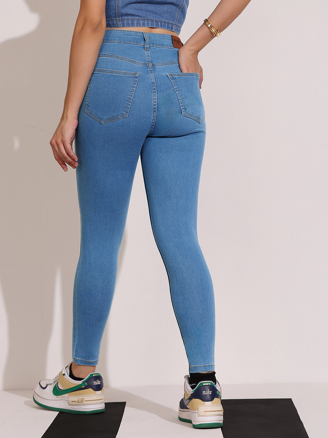 Women's Blue Skinny High-Rise Distressed Cropped Denim Jeans