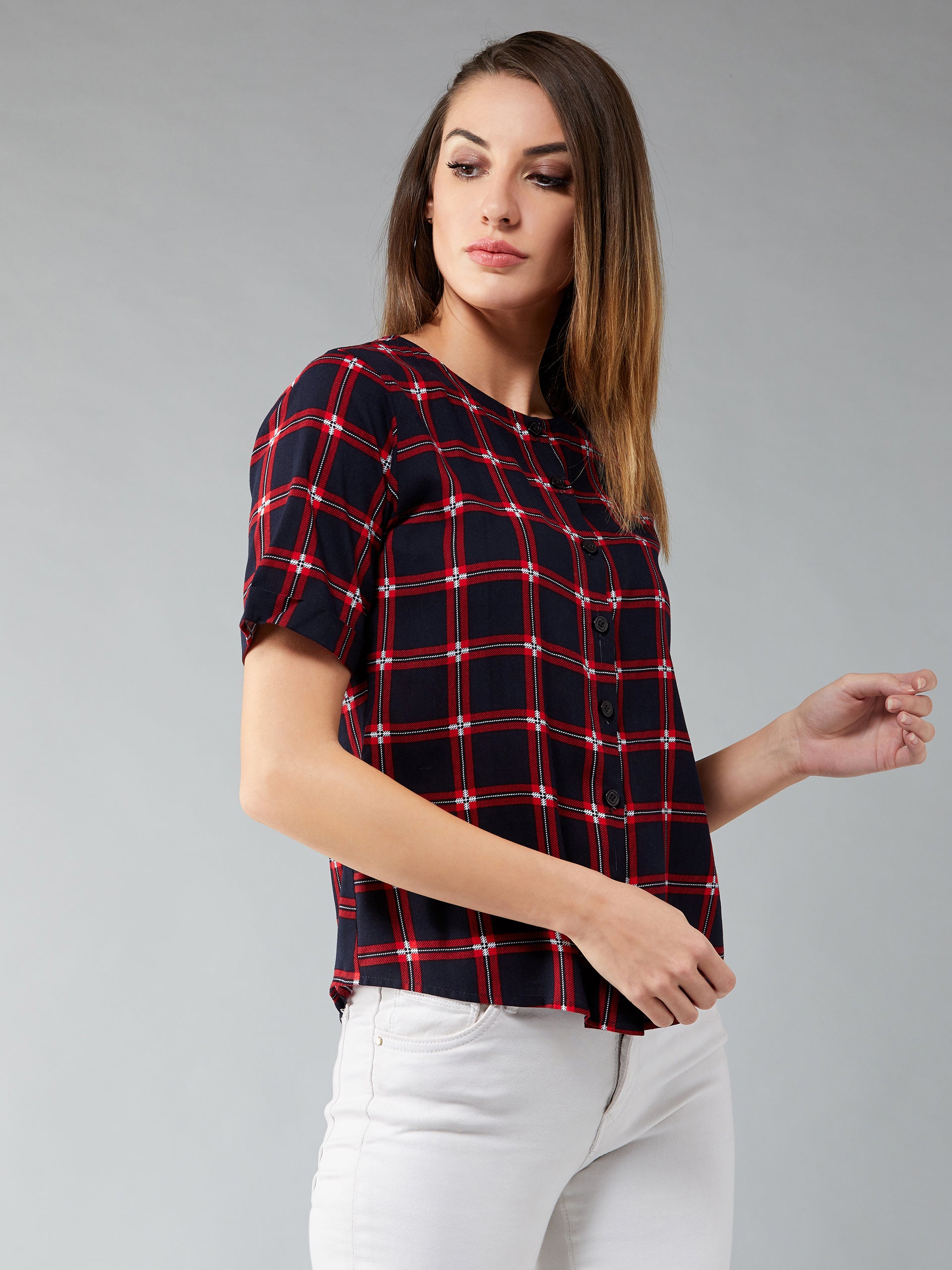 Women's Red & Navy Blue Round Neck Half Sleeve Checkered Boxy Regular Length Shirt